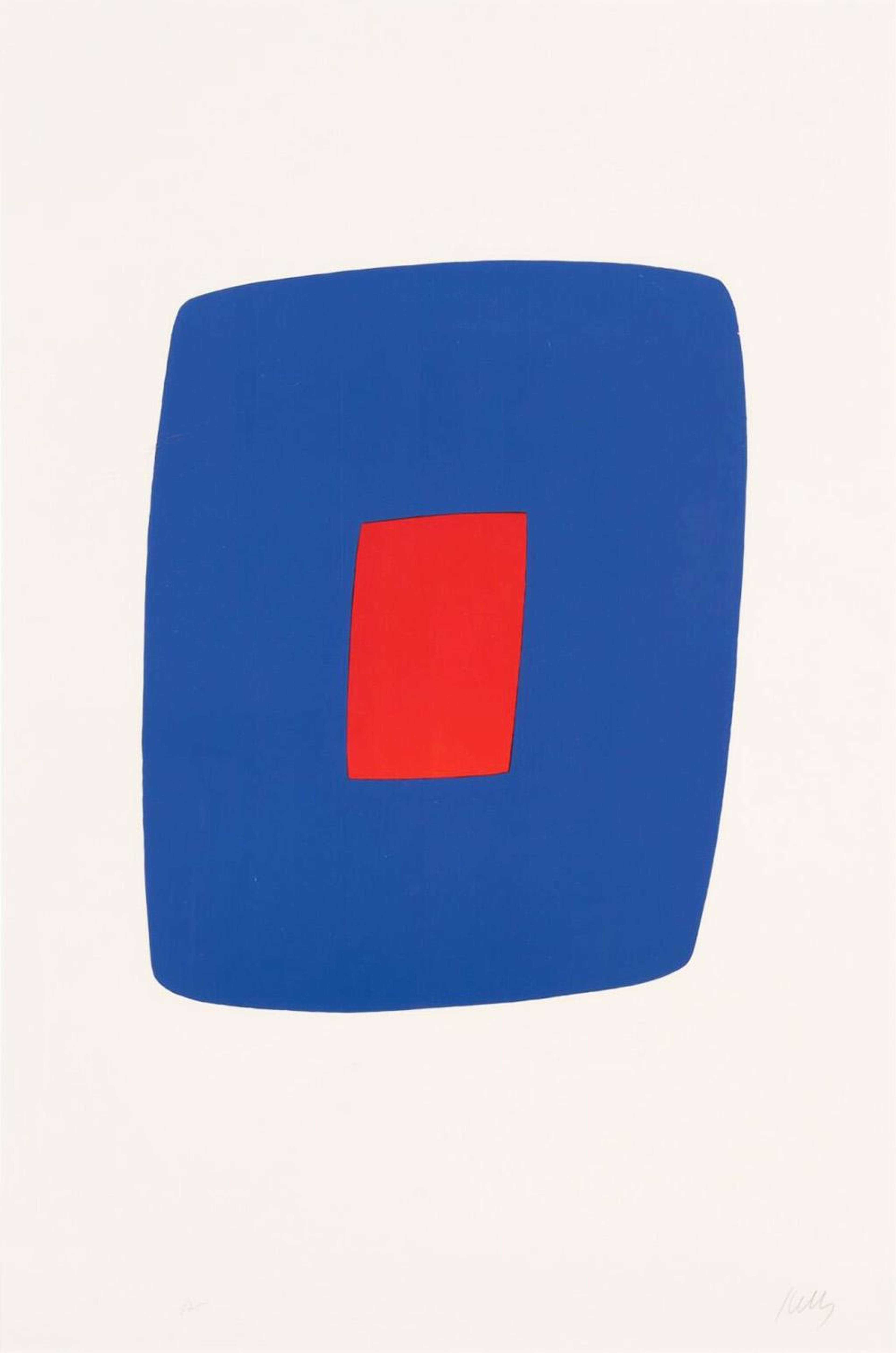 Une estampe représentant une forme quadrilatère irrégulière, légèrement penchée vers la droite. La forme est bleue et comporte en son centre une version réduite d'elle-même, de couleur rouge.