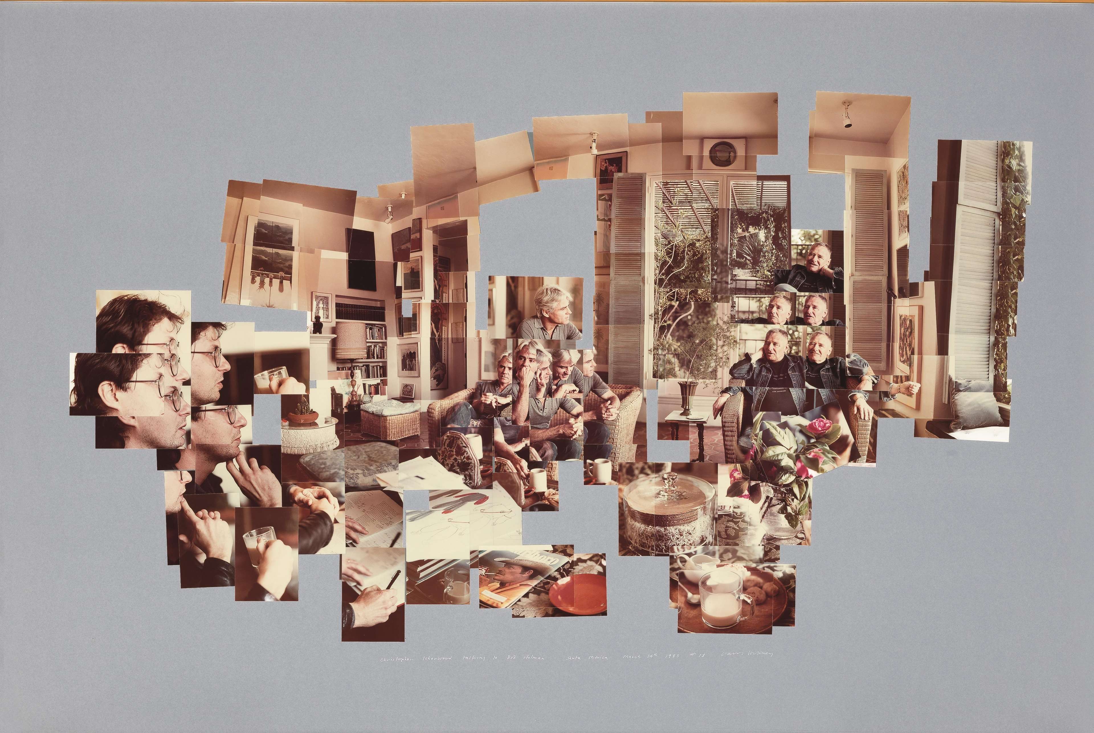 A photographic print by David Hockney, titled “Christopher Isherwood Talking To Bob Holman”, depicting a fragmented interior scene with two seated figures in conversation, rendered as a photo collage in warm beige, grey and brown tones.