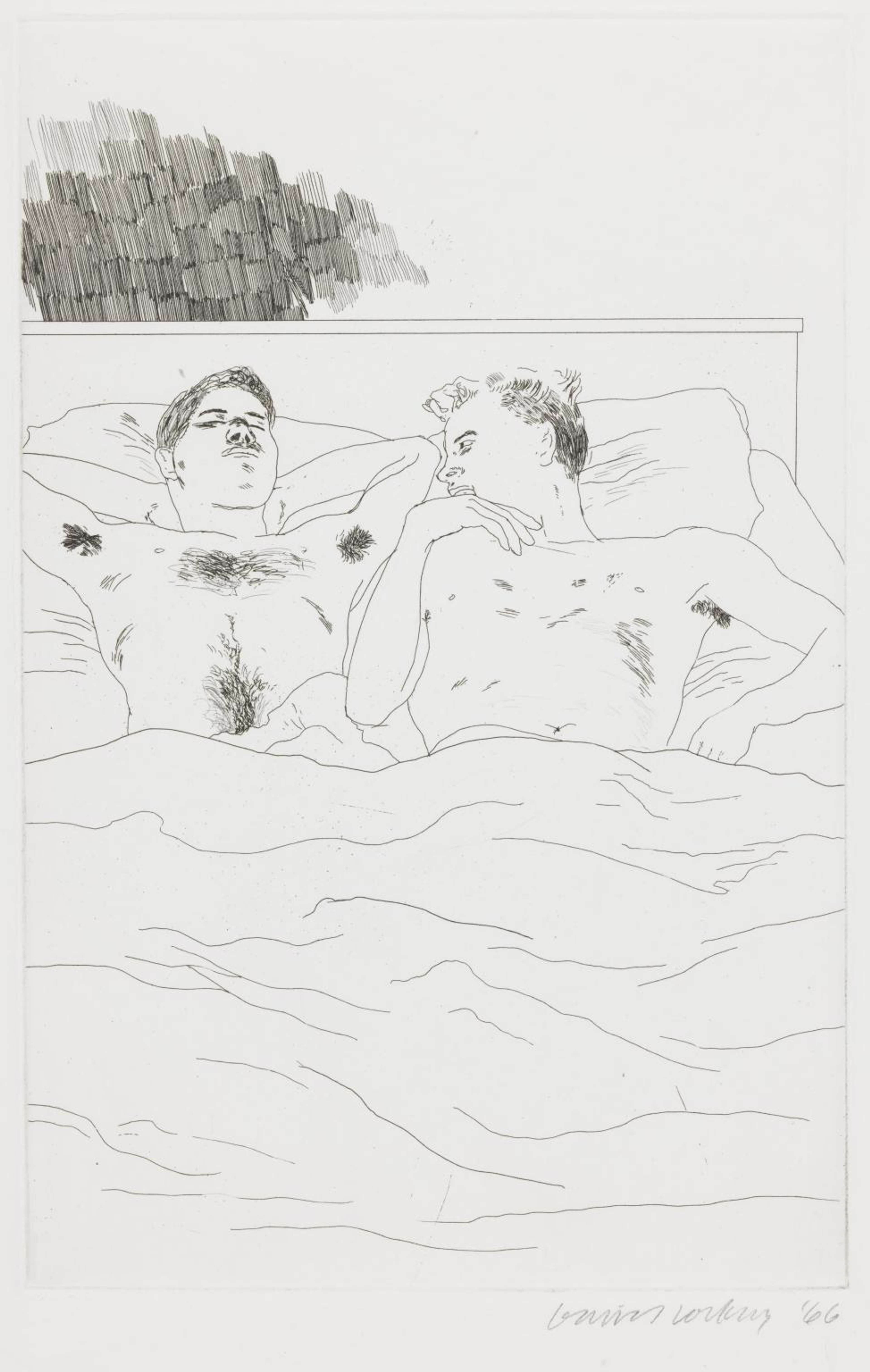 Intaglio by David Hockney, titled “In The Dull Village”, depicting two shirtless men reclining in bed beneath a lightly sketched cover. The artwork features sparse line work, a monochrome palette and a shaded form above the headboard, signed in the lower right corner.