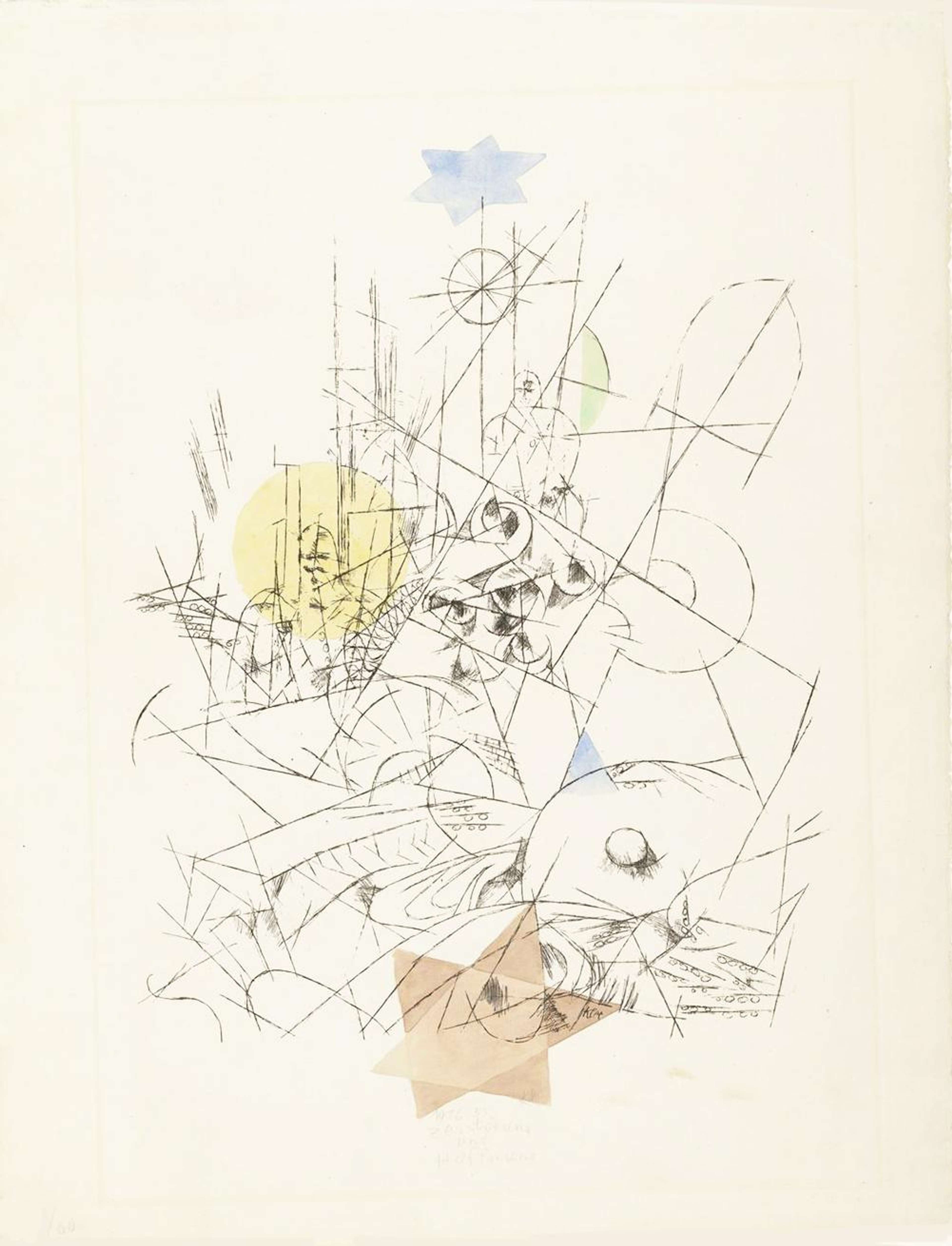 Une gravure composée principalement de lignes noires géométriques, d'angles et de cercles qui s'entrecroisent et s'interrompent mutuellement. Certaines des formes ainsi créées sont ombrées pour leur donner un aspect tridimensionnel, tandis que d'autres restent ouvertes. Quelques-unes semblent évoquer des figures humaines. Autour de la composition se trouvent des formes qui n'ont pas de contours noirs. En haut, on trouve une étoile bleue à six branches légèrement inclinée. Sur la gauche, il y a un cercle jaune. Vers l'étoile se trouve un demi-cercle vert, et vers le bas, une étoile brune à six branches.