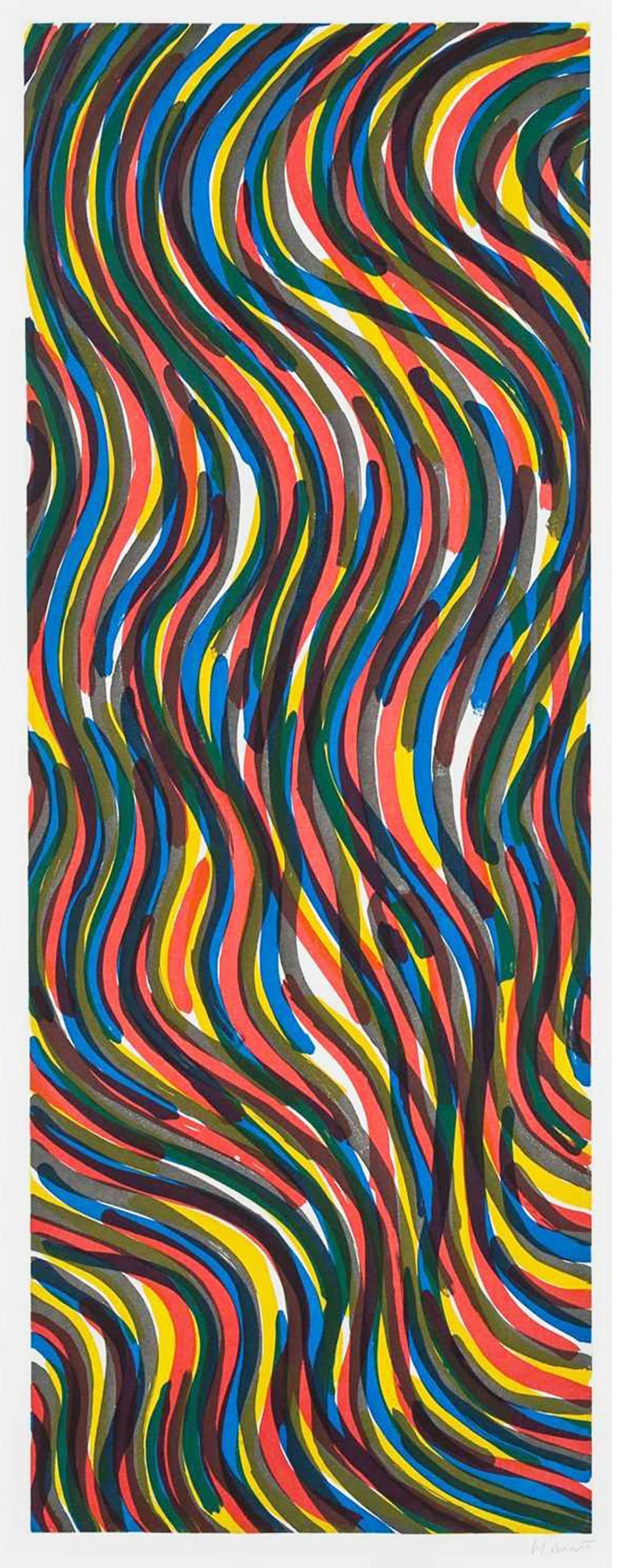 Une gravure colorée présentant des coups de pinceau ondulés se déplaçant verticalement. Les couleurs sont le bleu, le rouge, le jaune, le vert et le noir. Les couleurs se fondent là où elles se chevauchent.