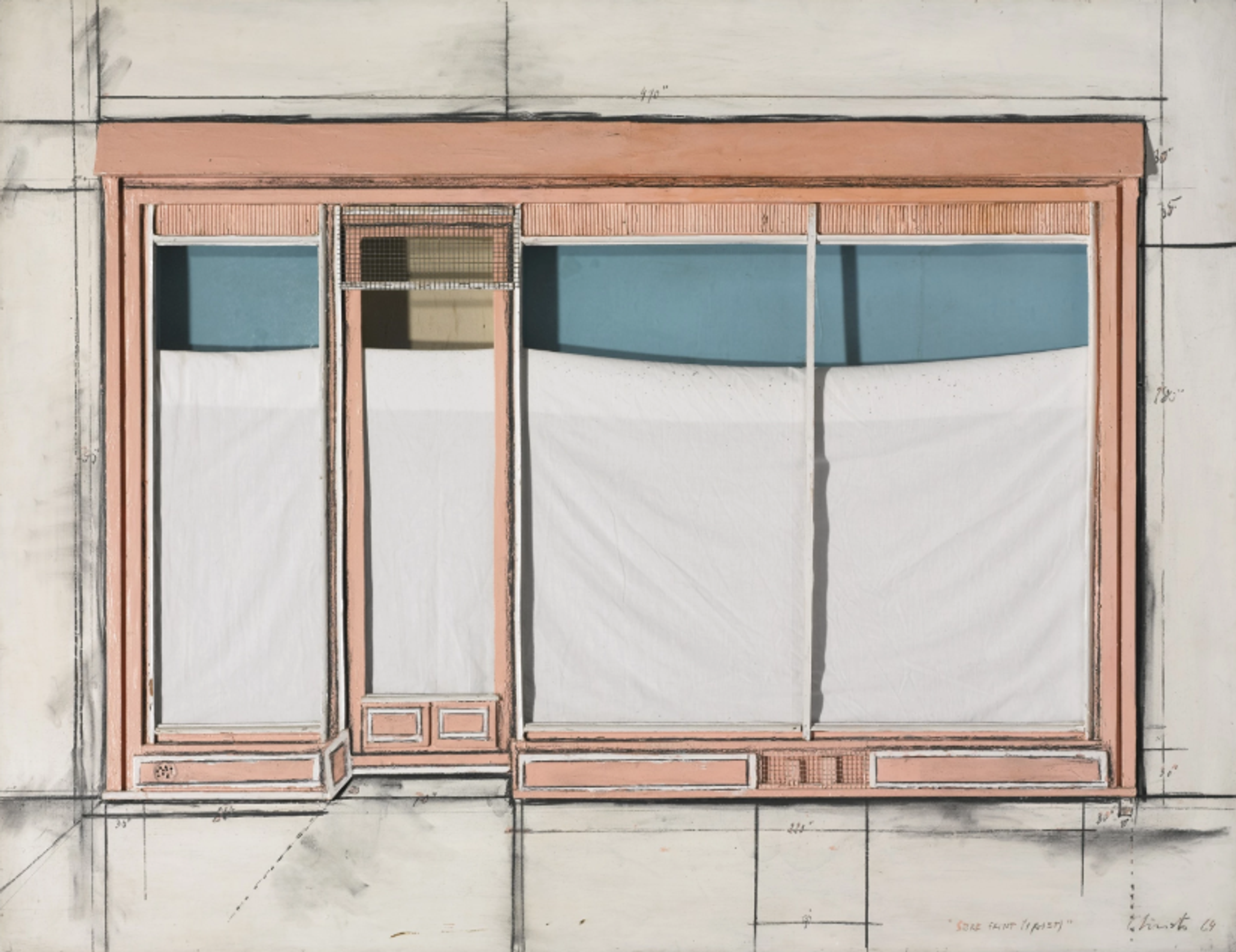 A mixed media drawing showing the facade of a shop window. The design features a pink or salmon-coloured frame with architectural details and measurements, divided into sections with glass panels. The windows appear to be partially covered with white fabric or paper inside, with a strip of blue visible over the top. 