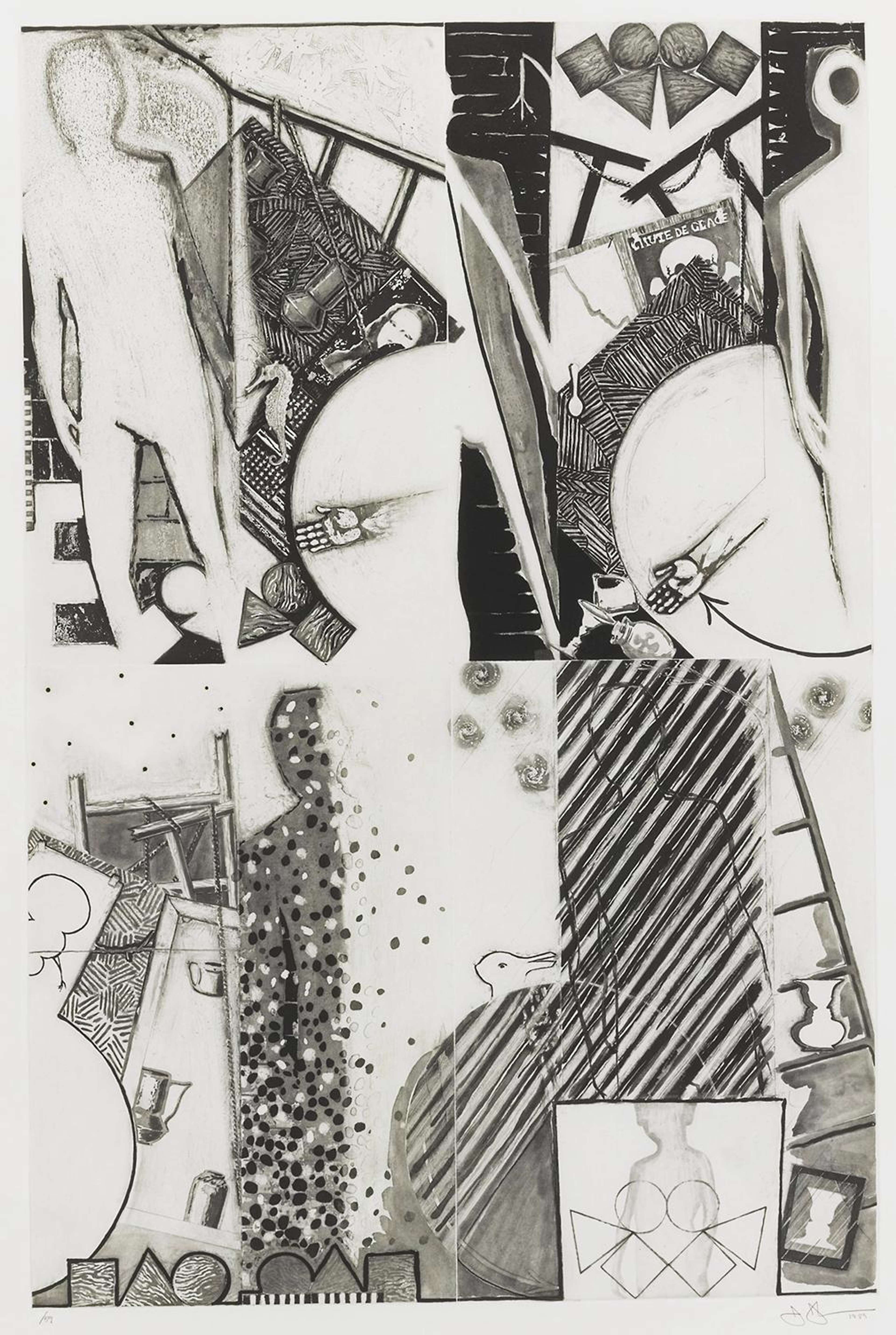 Different shapes and symbols including abstract figures, rabbit heads and severed arms 
