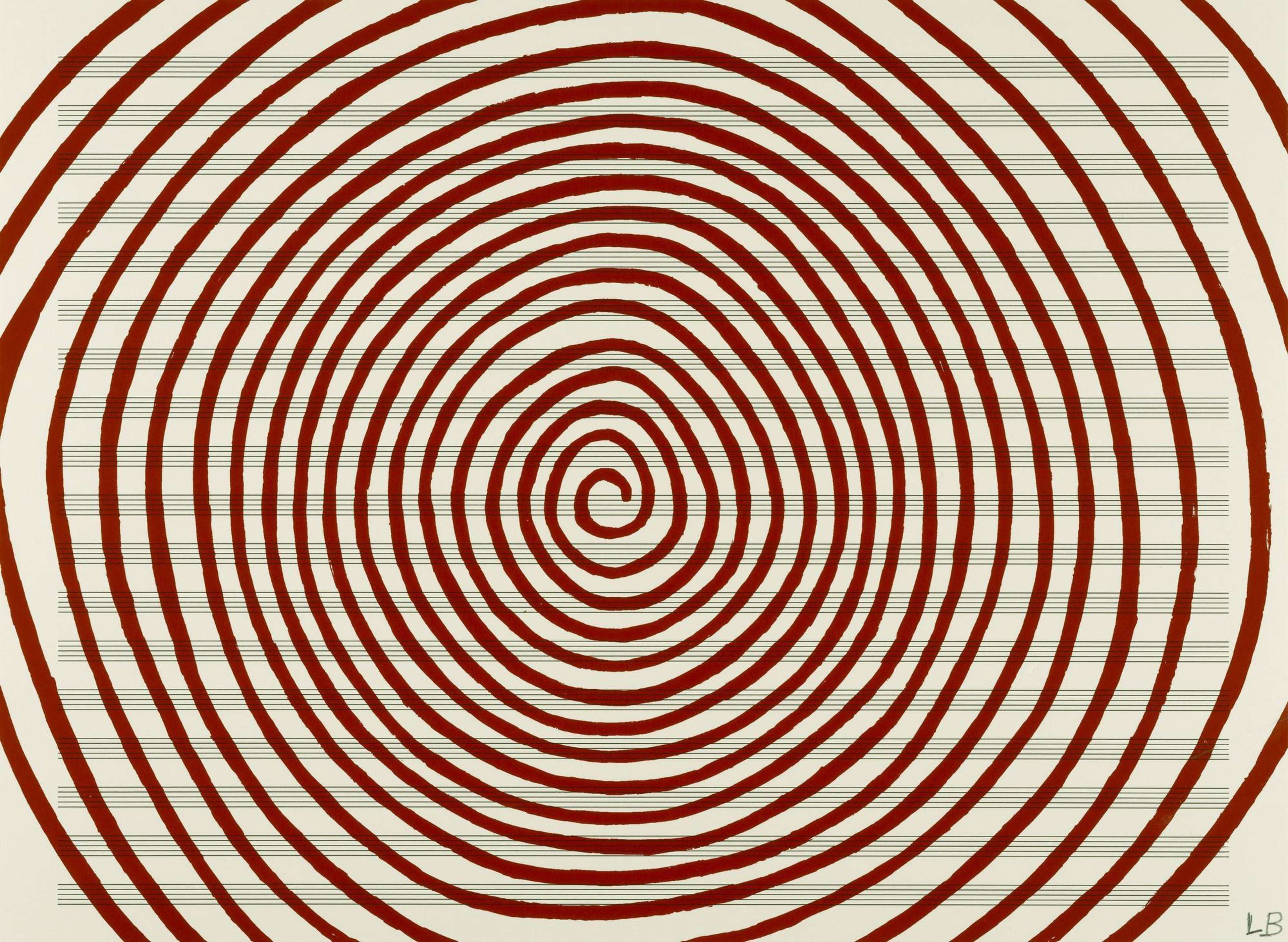 « Untitled #11 » de Louise Bourgeois. Une sérigraphie représentant une spirale rouge continue sur un fond de lignes horizontales.