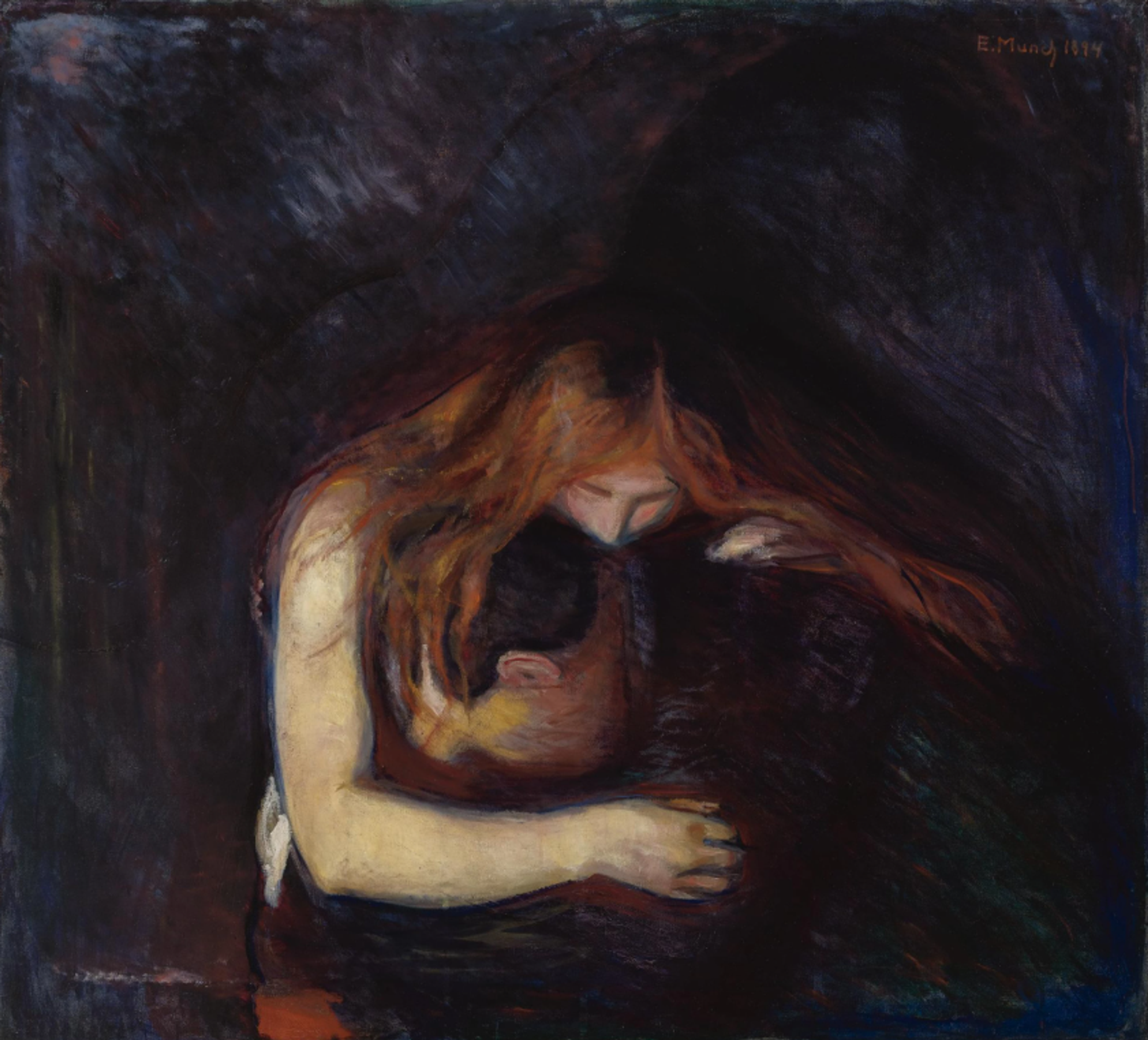 An expressive painting of a woman with long, fiery red hair flowing around her, partially covering her face and chest. She leans forward, embracing a dark, shadowy male figure, creating a dramatic and emotional composition set against a deep, textured background.