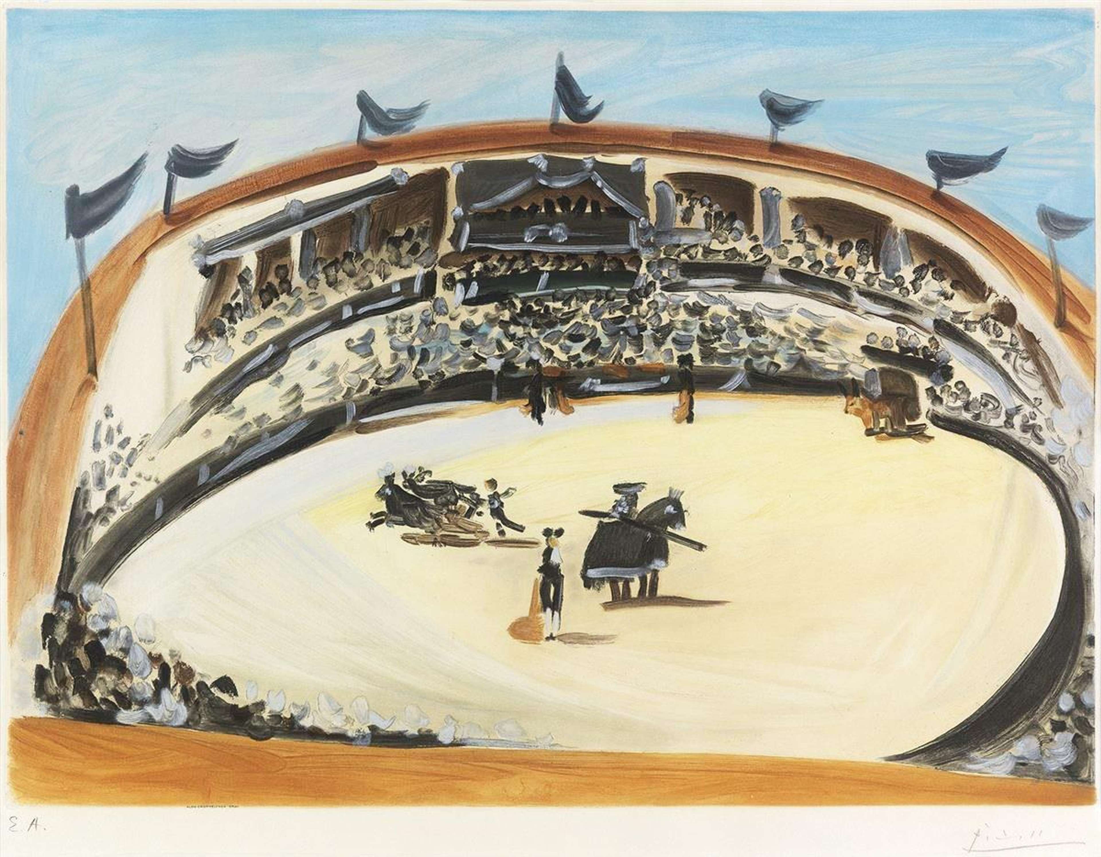 Cette estampe représente le rituel de la course de taureaux en Espagne. On y voit une grande arène avec des toreros et des jockeys menant les taureaux.