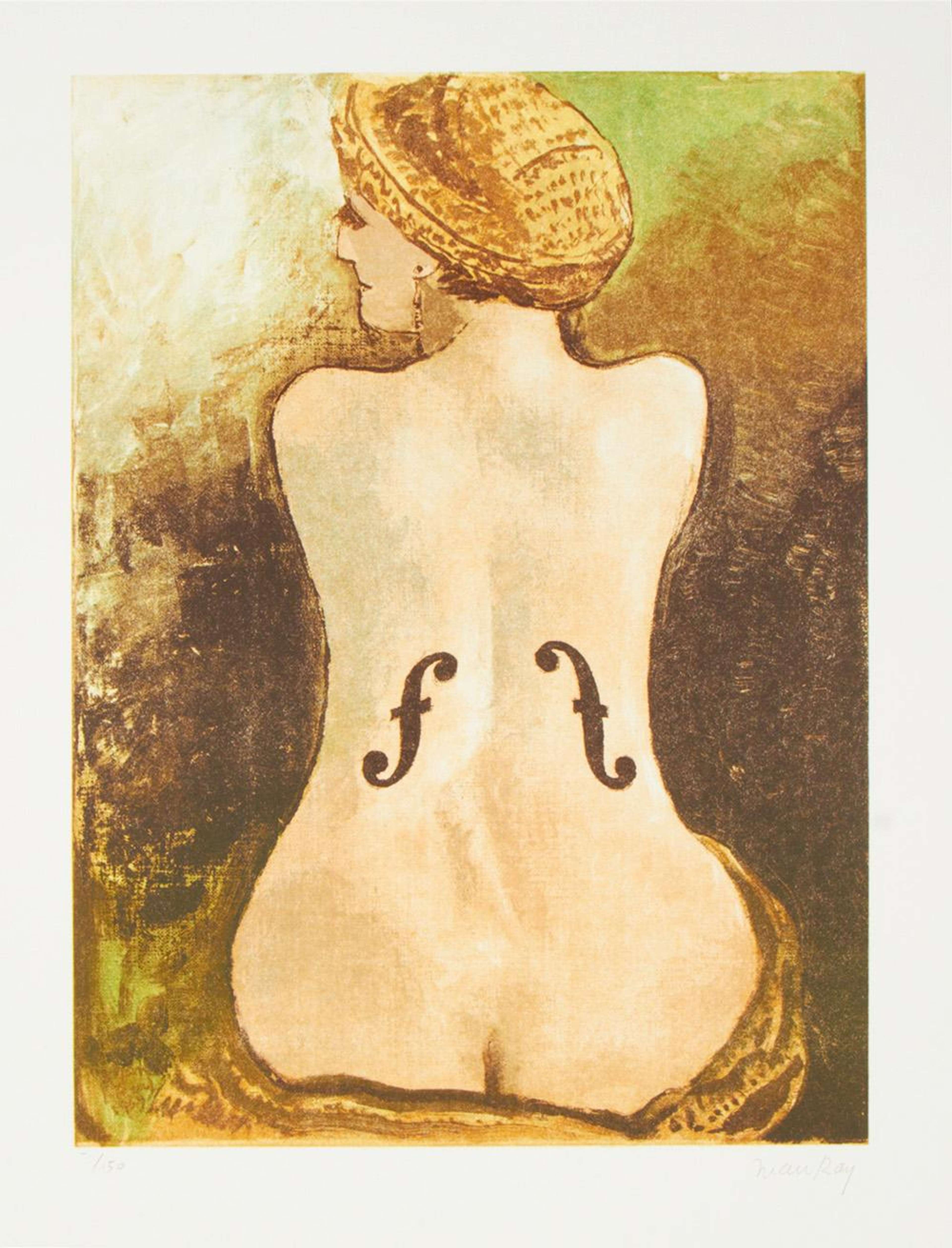 Un portrait peint de Kiki de Montparnasse presque nue, vue de dos. Son dos est orné de deux ouïes, faisant ressembler sa silhouette en sablier à un violon. Elle porte ses cheveux en turban, avec un tissu doré similaire drapé sur ses jambes.