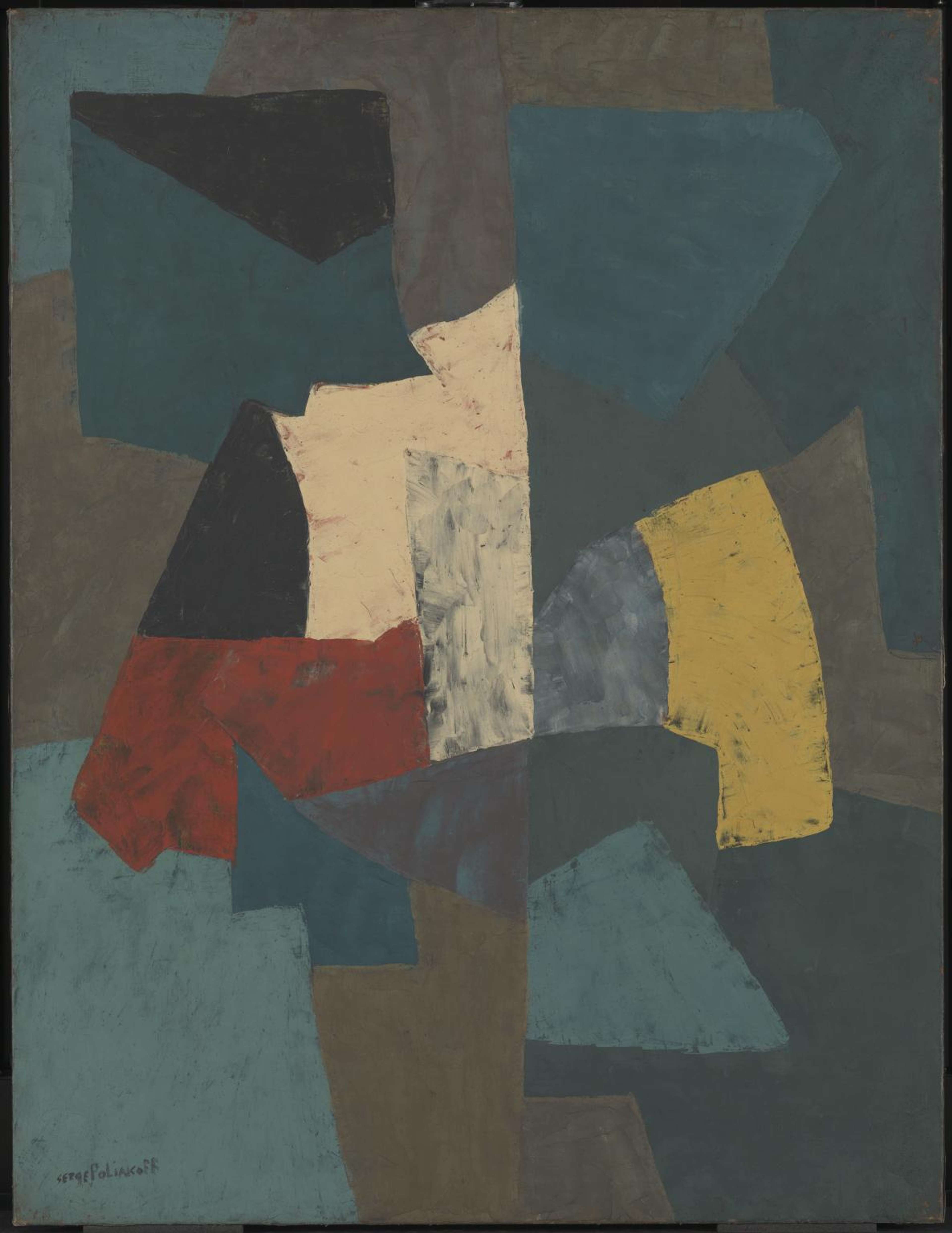 An oil painting with interlocking organic shapes rendered in luminous layers of warm red, yellow, blue, and black. The carefully modelled forms create tonal as well as colour contrasts, with balanced shape and colour distribution.