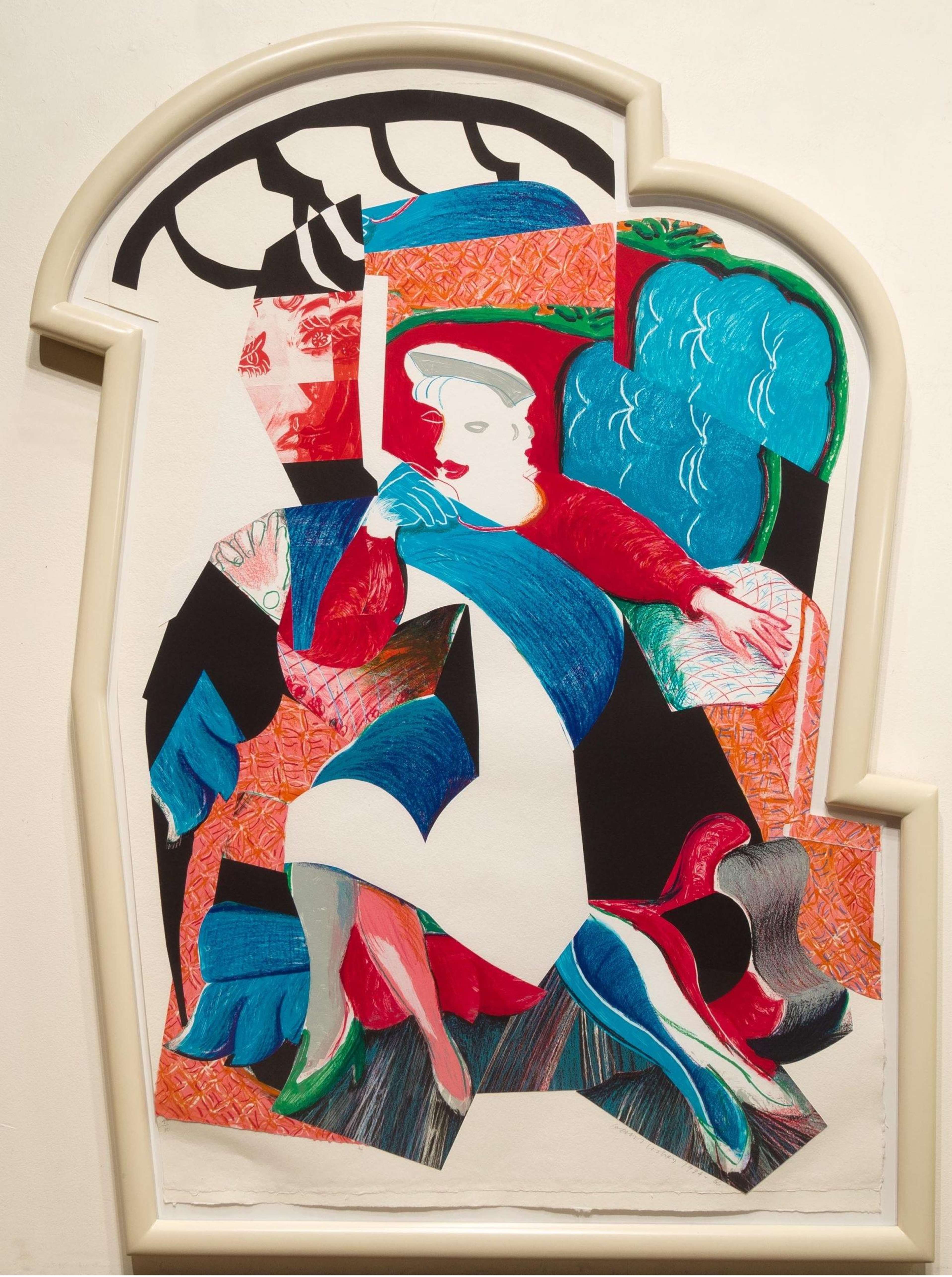 A bold, reworked lithograph of Celia Birtwell combining abstracted shapes and layered colours to suggest shifting viewpoints.