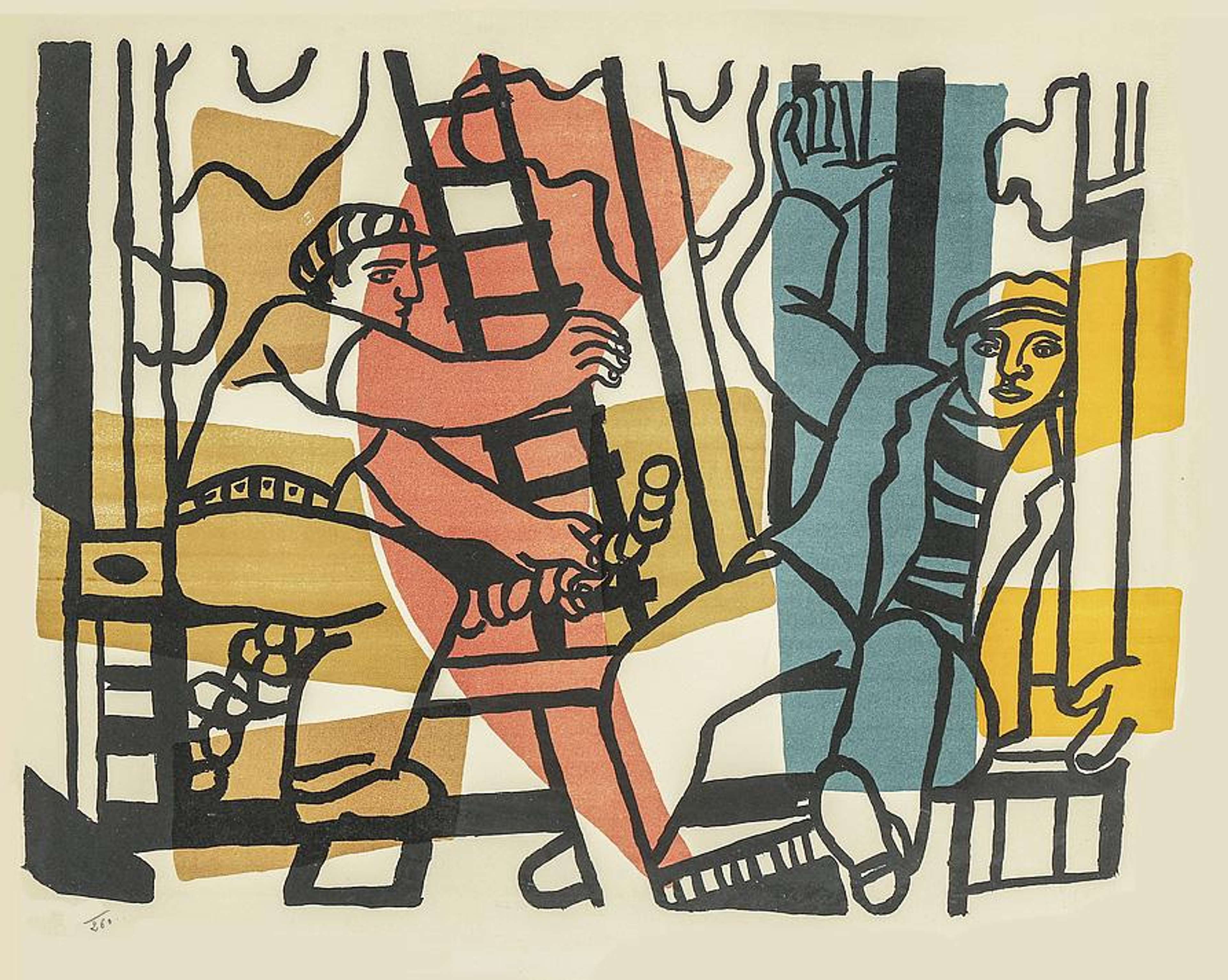 Une illustration simplifiée représentant deux ouvriers du bâtiment entourés de fumée, d'outils et d'équipement. Ils sont dessinés avec de larges contours noirs et semblent être assis sur un échafaudage. L'un est de profil, l'autre regarde directement le spectateur. La couleur de l'œuvre provient de formes abstraites beiges, jaunes, rouges et bleues en arrière-plan.