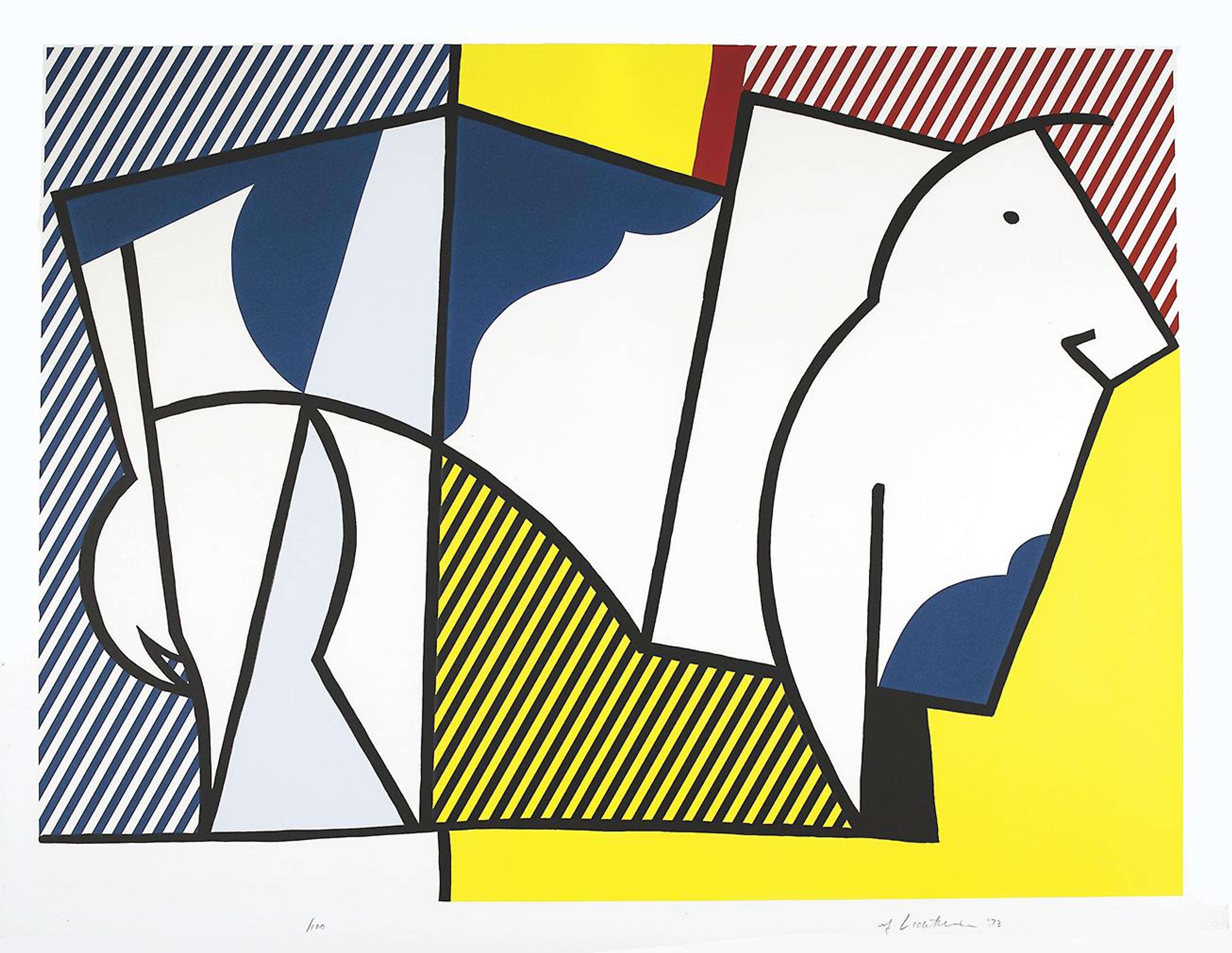 Une image de l'estampe « Bull III » de Roy Lichtenstein, représentant un taureau stylisé, dessiné en lignes épaisses. L'estampe semble segmentée dans un style cubiste et est rendue dans des couleurs primaires.