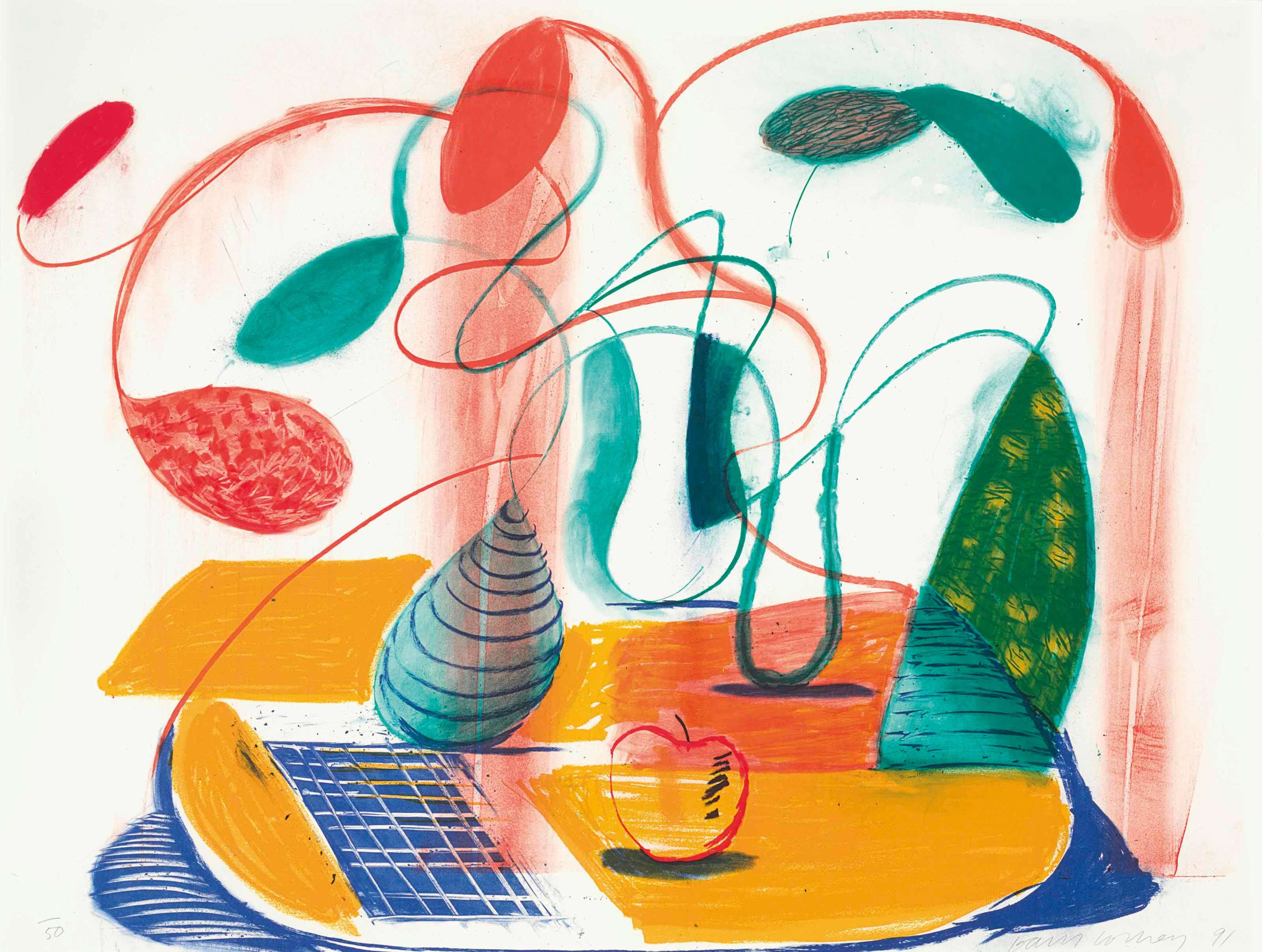 Vibrantly coloured table with abstract objects adorning it