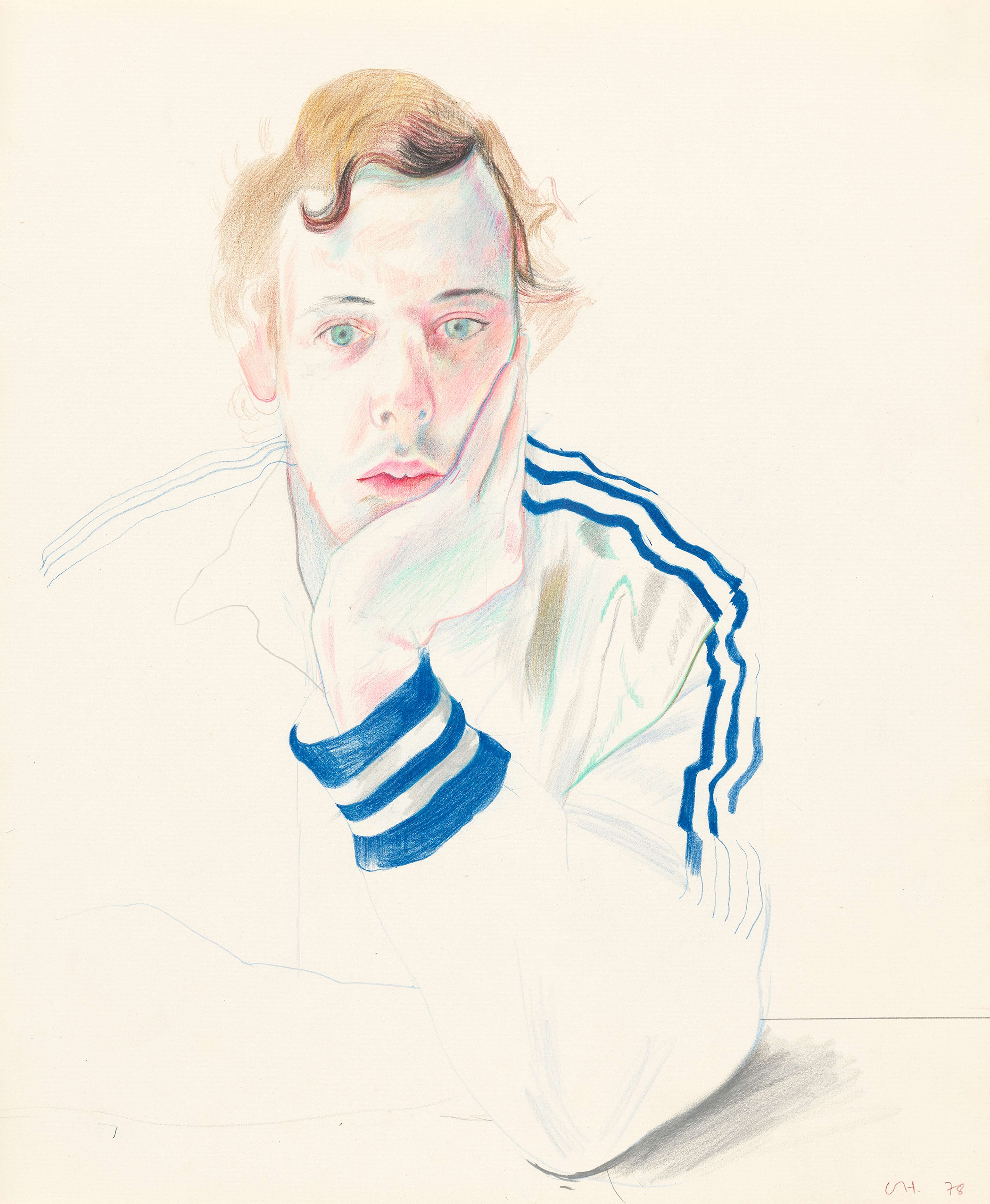 Un portrait de Gregory Evans par David Hockney, où Evans est représenté en négatif sur le fond blanc, seules son visage et les rayures bleues de son survêtement étant délimitées par la couleur.