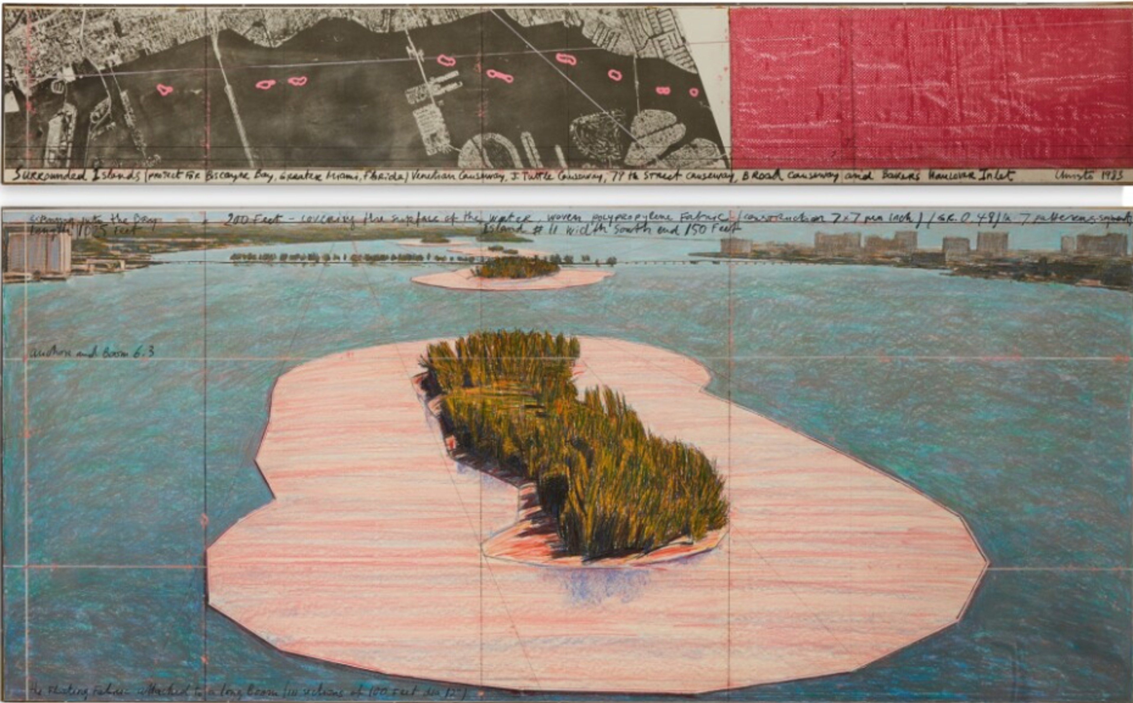A two-panel artwork showing plans for an installation in Biscayne Bay, Florida. The top panel displays an aerial map with pink markings highlighting islands. The bottom panel shows an artistic rendering of an island surrounded by pink floating fabric, with grass and bushes in the centre of the island. Technical notes and measurements appear along the edges of both panels.
