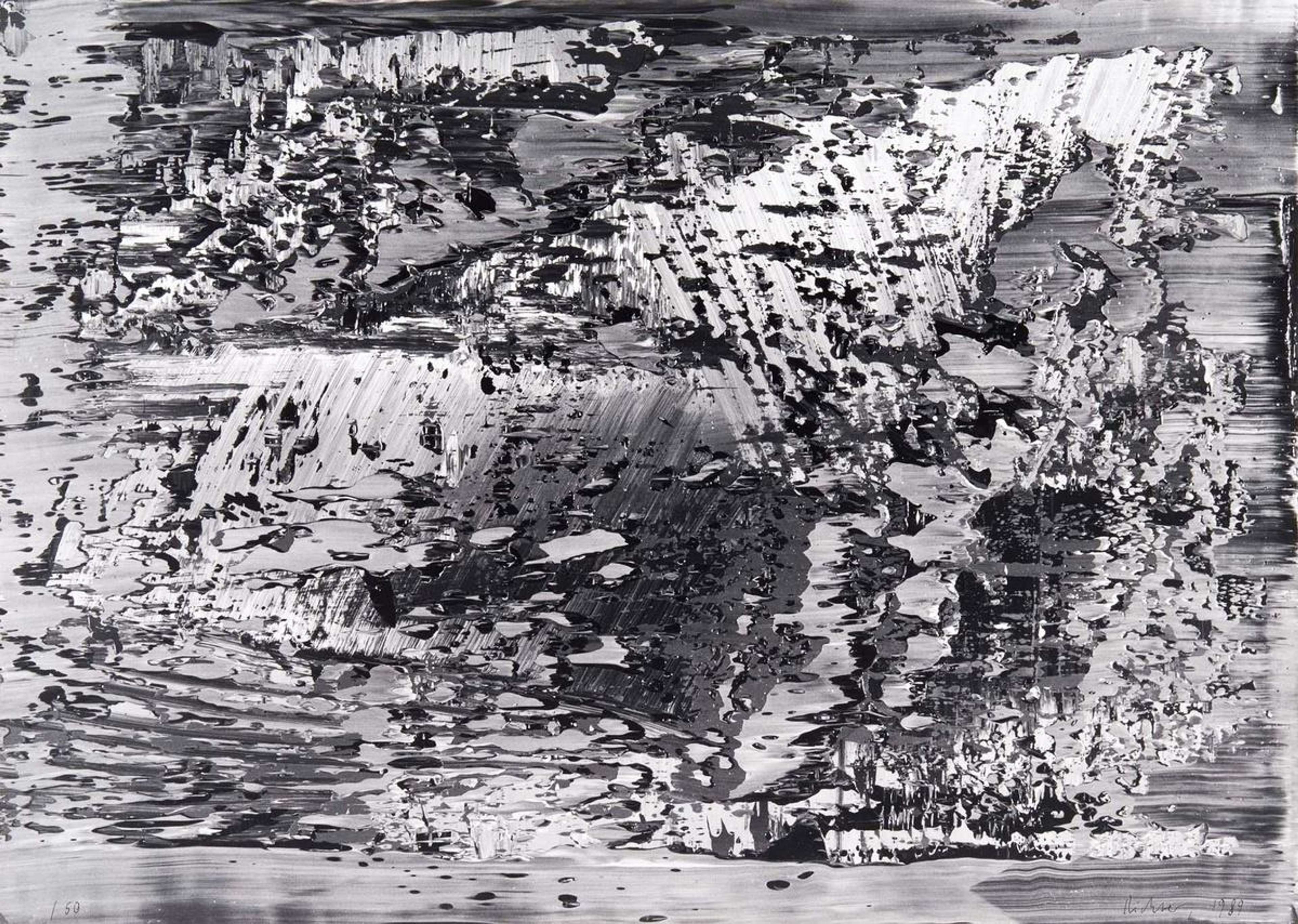 Estampe monochrome de Gerhard Richter représentant des formes courbes abstraites, évoquant de la peinture à l'huile étalée sur une surface photographique plane.