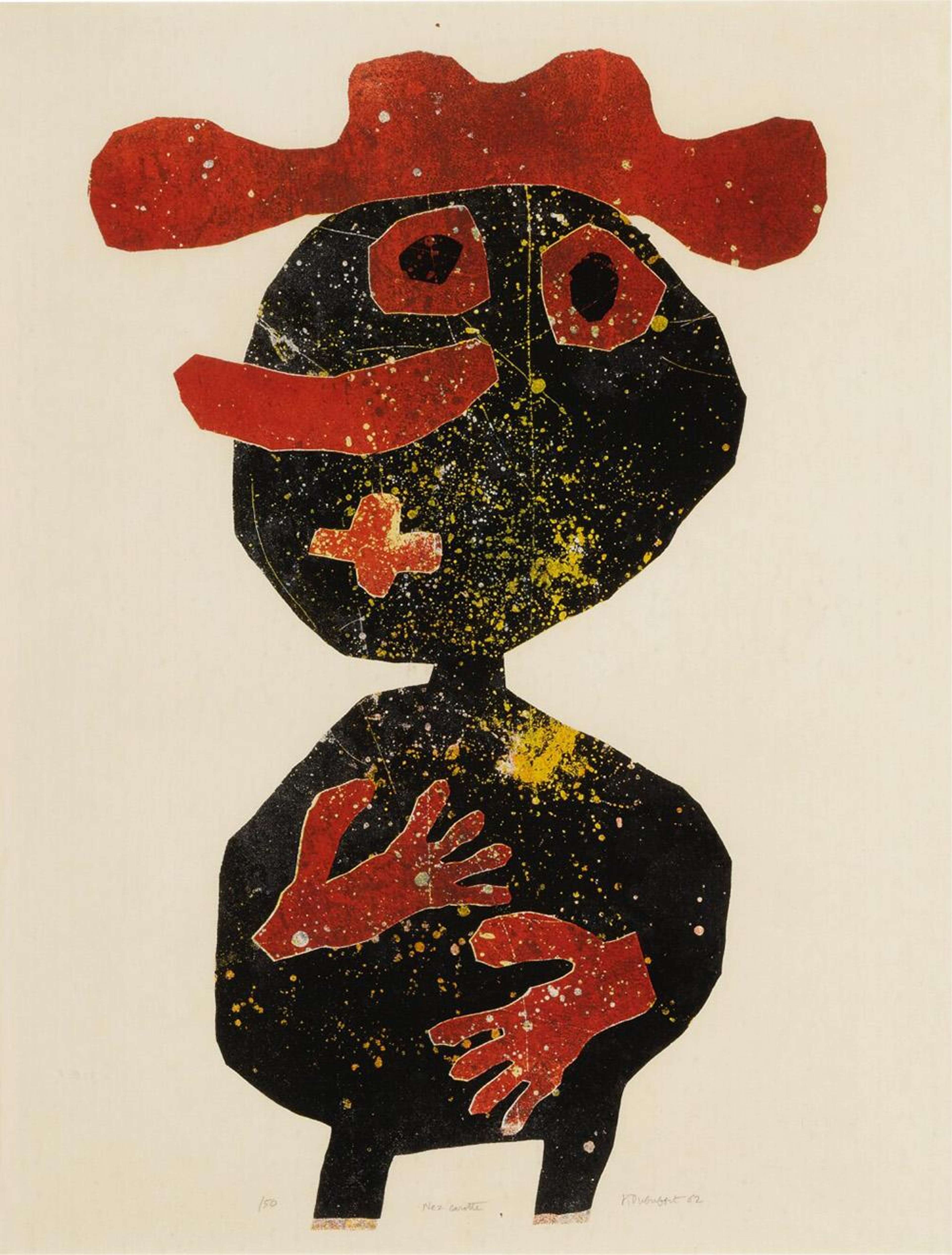 Une image caricaturale d'une figure humanoïde, créée à partir de couleurs superposées : principalement noire avec des éléments rouges et des éclaboussures d'encre jaune. La figure se compose principalement de deux cercles noirs, mais porte un simple chapeau rouge à large bord. Sa bouche est une croix rouge, et son nez est long et rouge. Deux mains rouges sont pressées contre son milieu.