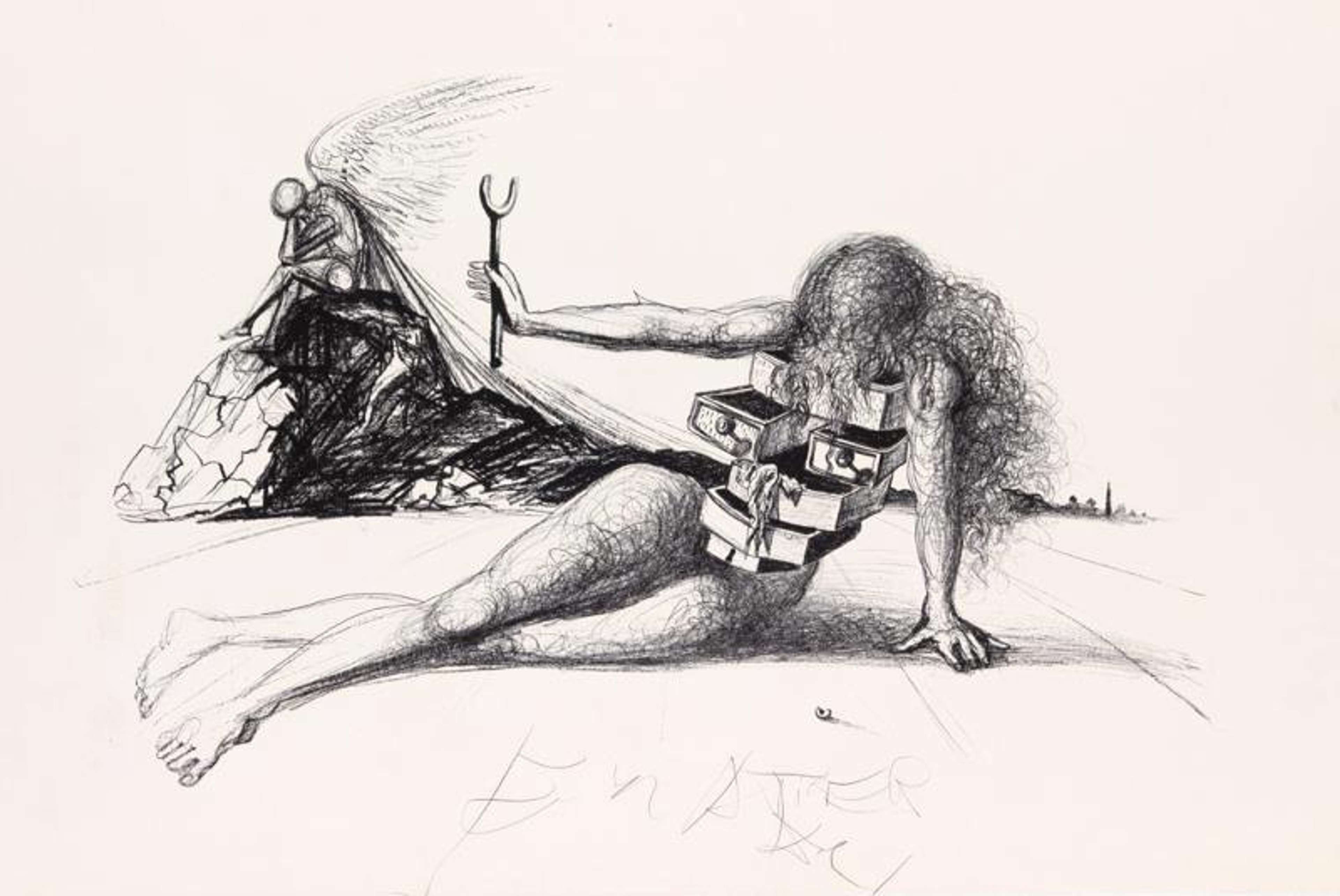 Une estampe d'un dessin au crayon représentant une figure nue, à moitié allongée sur le sol, s'appuyant sur son bras comme s'il était en proie à la souffrance et à la douleur. Son torse est constitué de tiroirs ouverts et vides. Il tient une fourche à deux dents levée vers le ciel. Derrière lui, une figure ailée, assise la tête entre les mains sur un tas de rochers, est esquissée de manière sommaire.