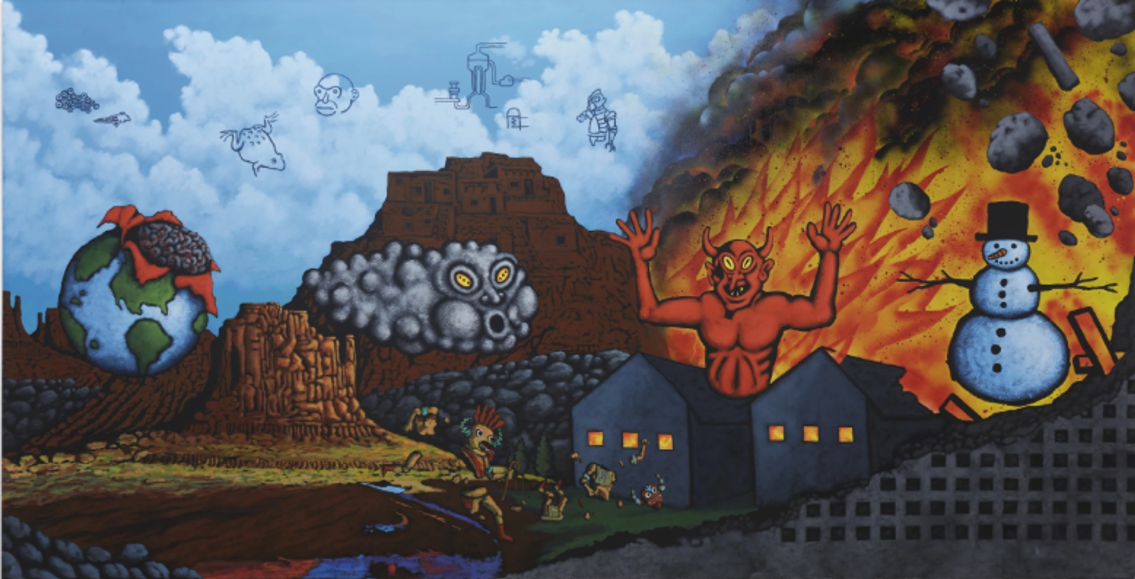 A surreal landscape painting depicting an apocalyptic scene. From left to right: an Earth with a brain-like top, desert rock formations, dark houses with lit windows, and a fiery sky with a red demon-like figure and a snowman. Small figures are scattered throughout the sky and ground. The style is cartoonish but dark, combining elements of the natural American Southwest landscape with supernatural and ominous imagery.