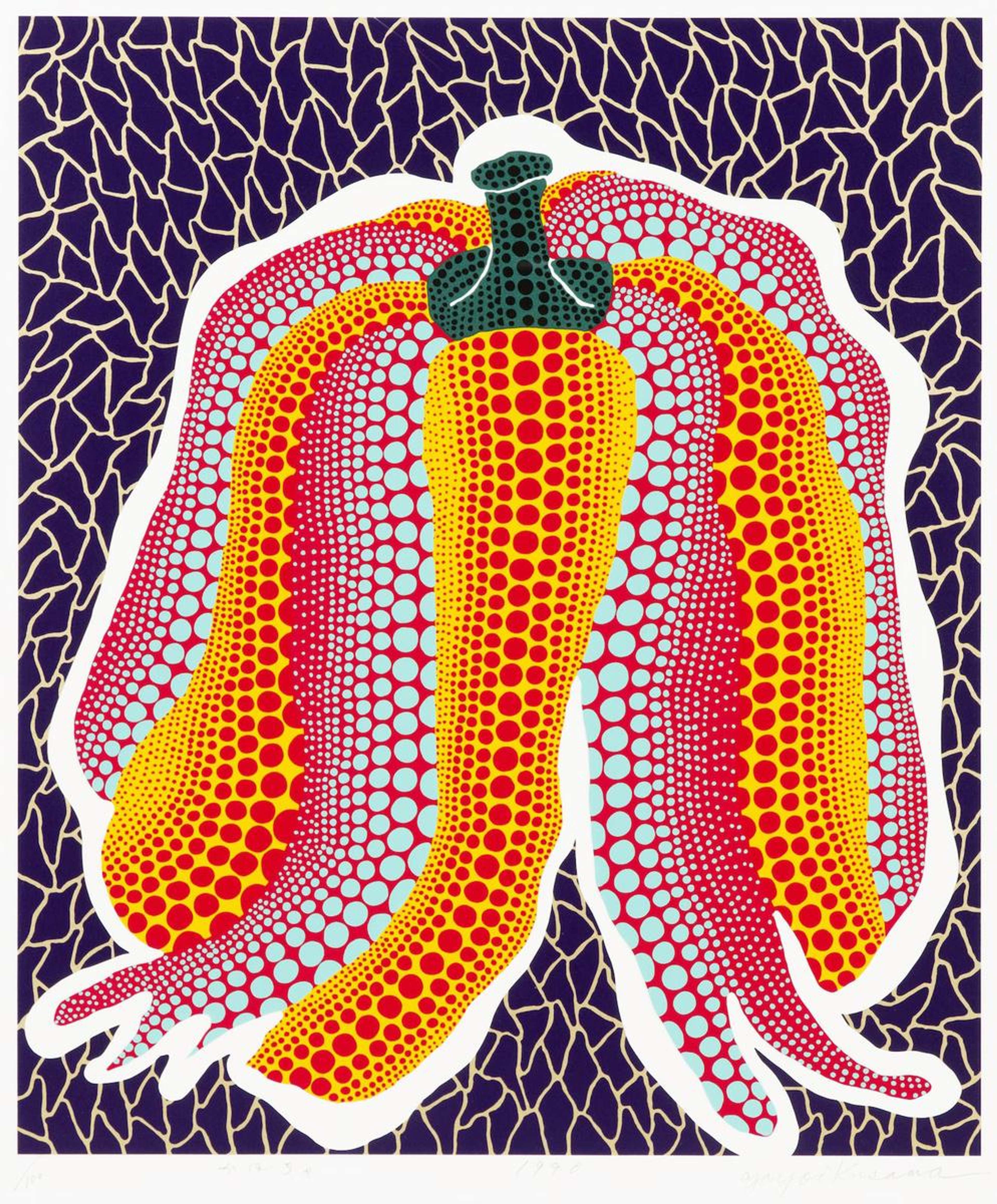 Une citrouille multicolore rouge, jaune et vert menthe, délimitée par des points, sur un fond violet à motif de filet.