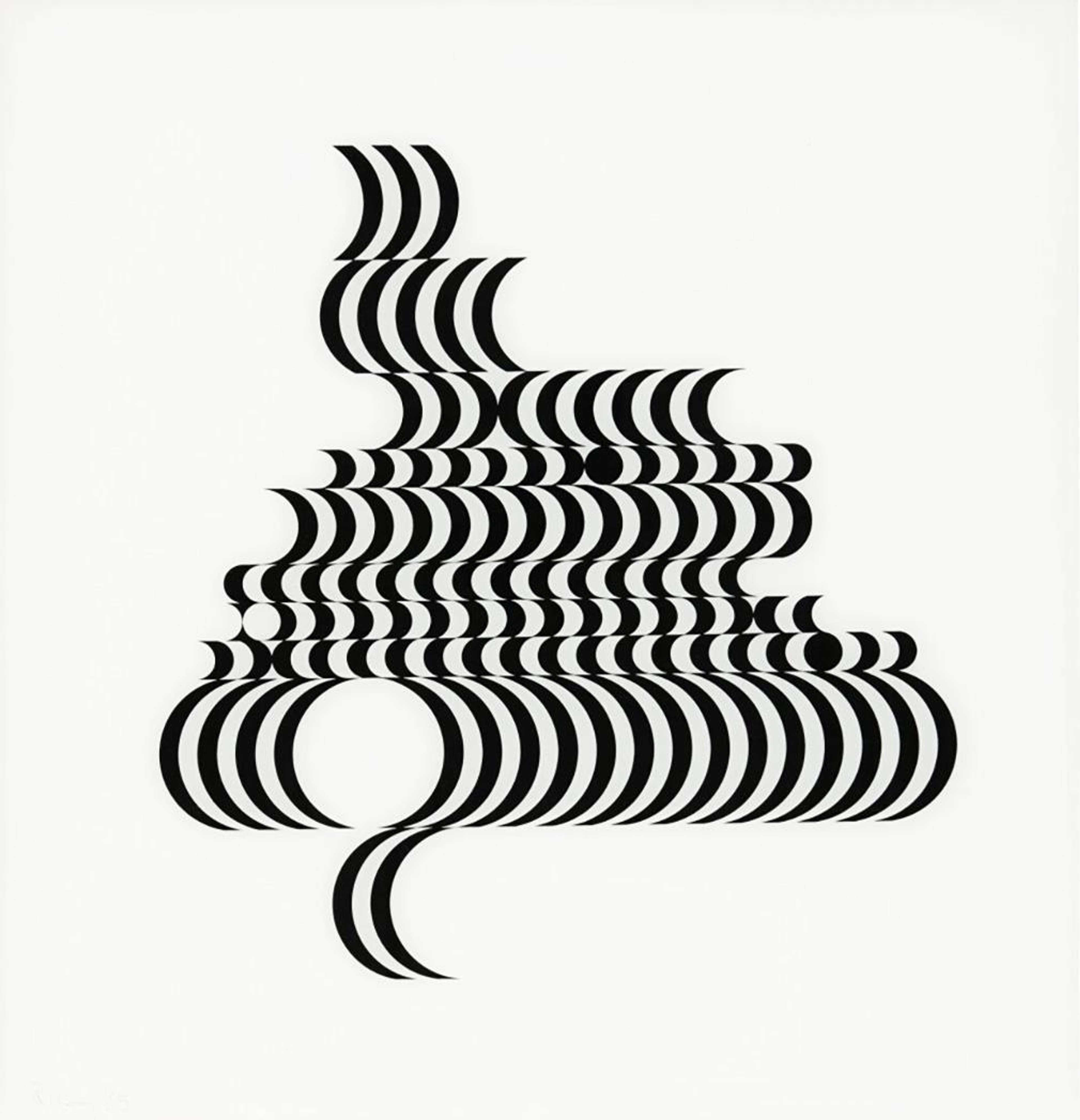 Estampe réalisée à partir de formes de croissant de lune de tailles et d'orientations variées, dont la taille diminue vers le centre de la toile, créant un effet visuel désorientant.