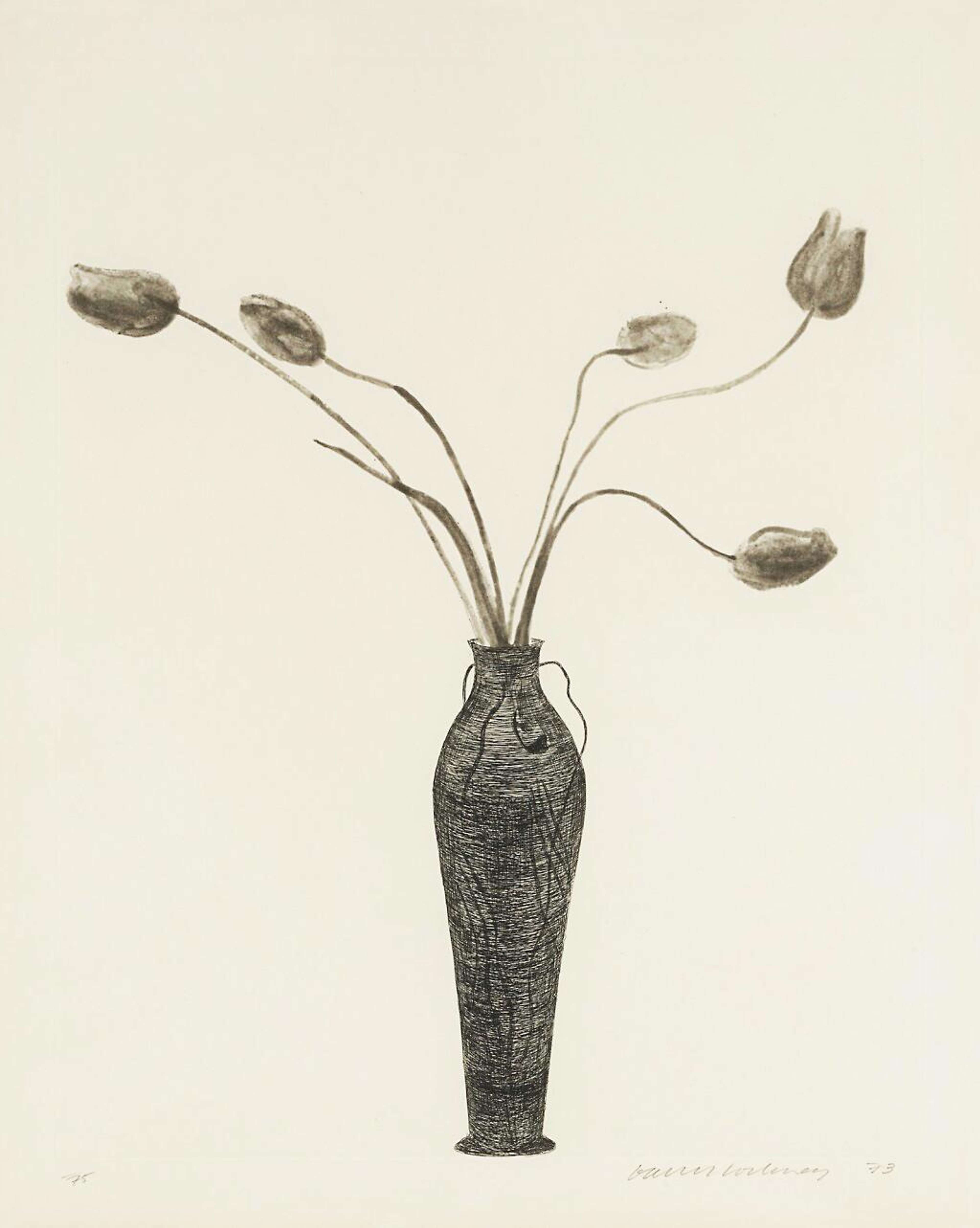 Monochrome vase of tulips