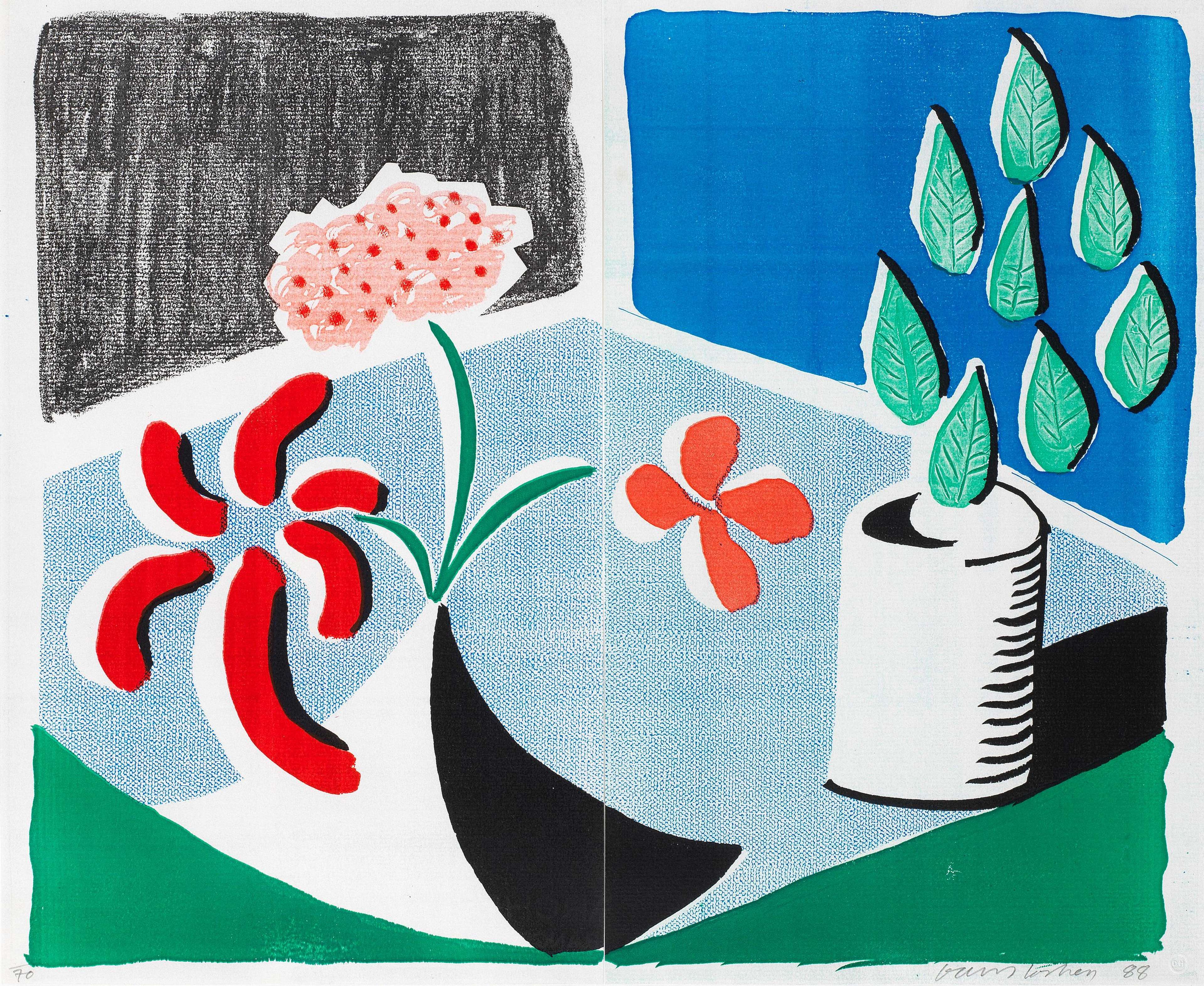 Digital print by David Hockney, titled “Red Flowers And Green Leaves, Separate, May 1988”, depicting three red blooms in a faceted vase beside a pot with separate green leaves. The artwork features flat planes of bright colour, simple geometric forms and a lively still-life composition. Executed in Hockney’s experimental digital print style.
