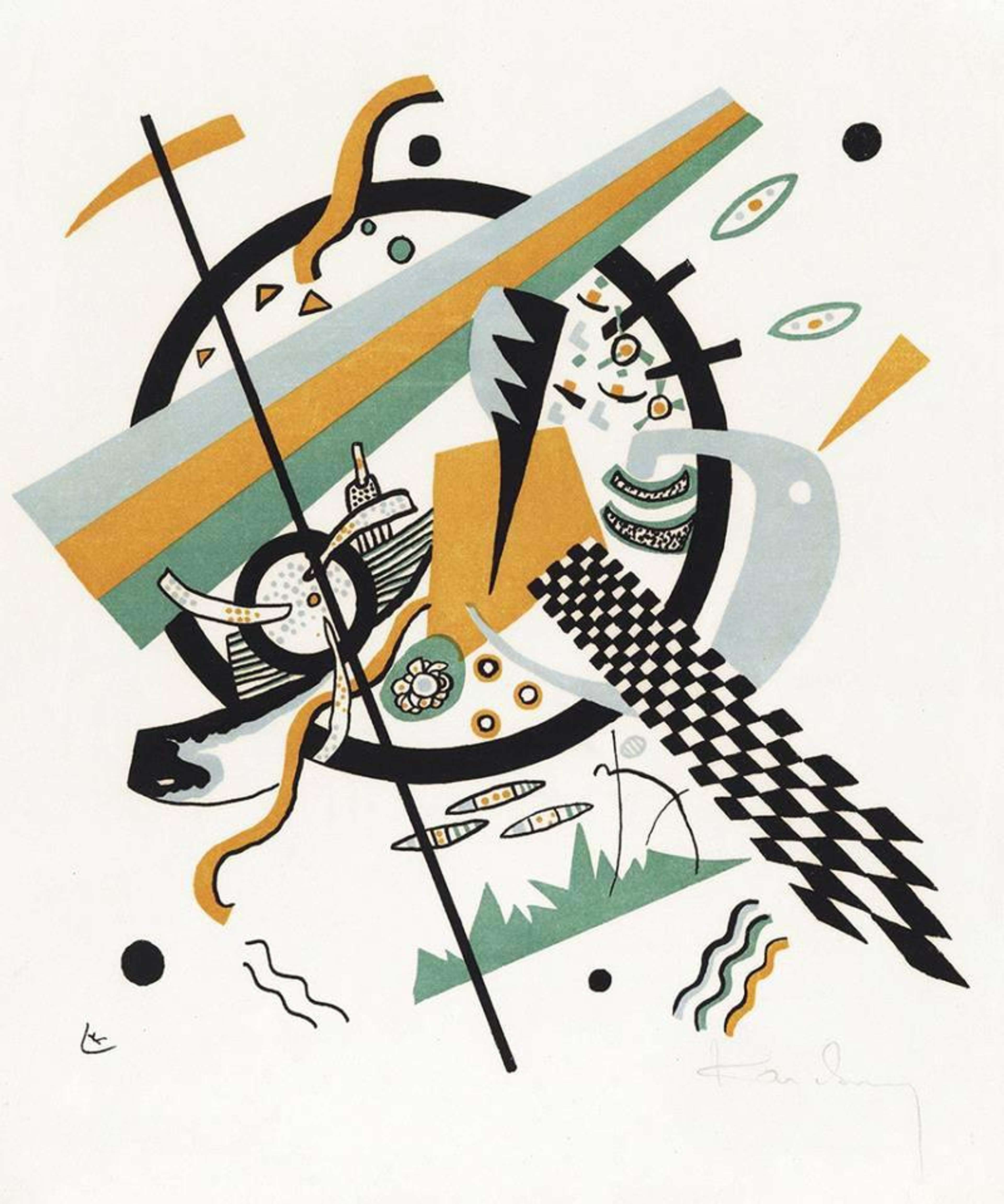 Une composition abstraite construite autour d'un contour circulaire épais et noir. De celui-ci s'étendent une bande à damier noir et blanc ainsi que des formes évoquant des parties de bateau. Une large bande géométrique traverse le cercle central, ornée de trois rayures horizontales : un bleu ciel, un or sable et un vert gazon. D'autres formes et lignes plus petites utilisant ces couleurs s'étendent vers l'extérieur, suggérant un paysage naturel.