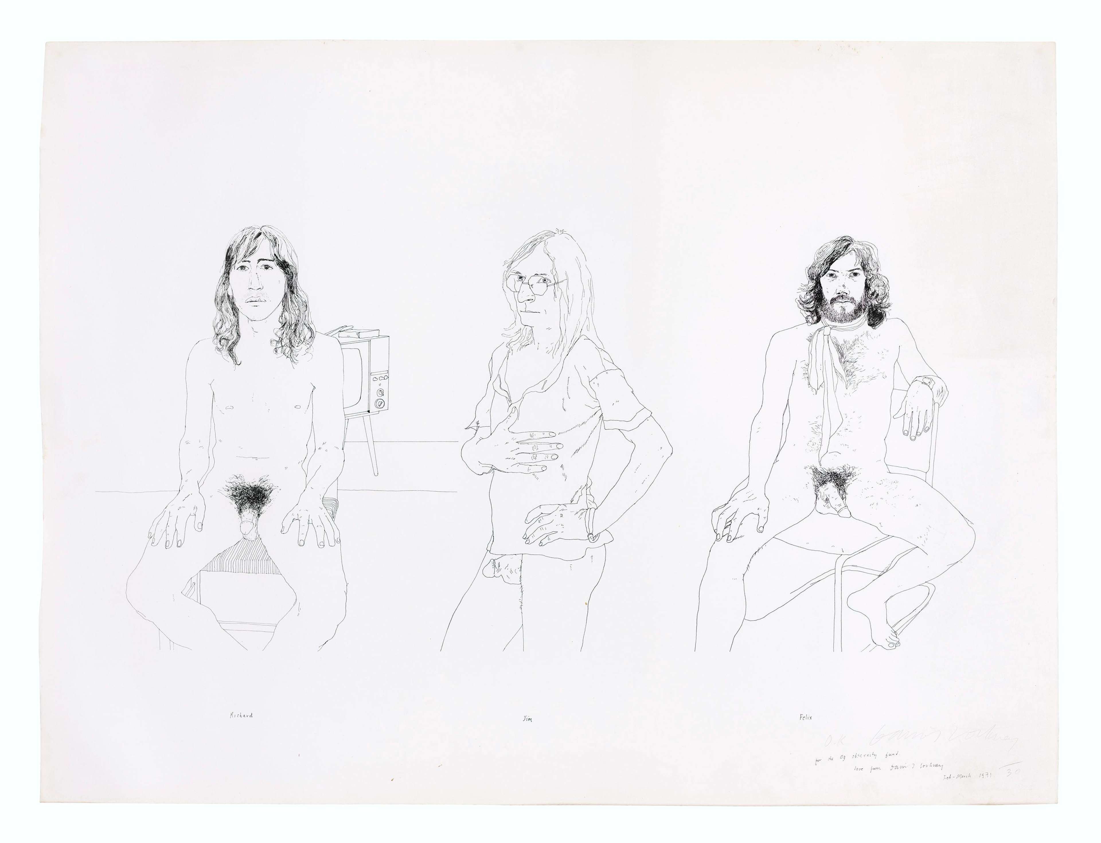 Lithographie de David Hockney intitulée « For the OZ Obscenity Fund », représentant trois hommes posant nus ou partiellement nus, deux assis et un debout au centre.