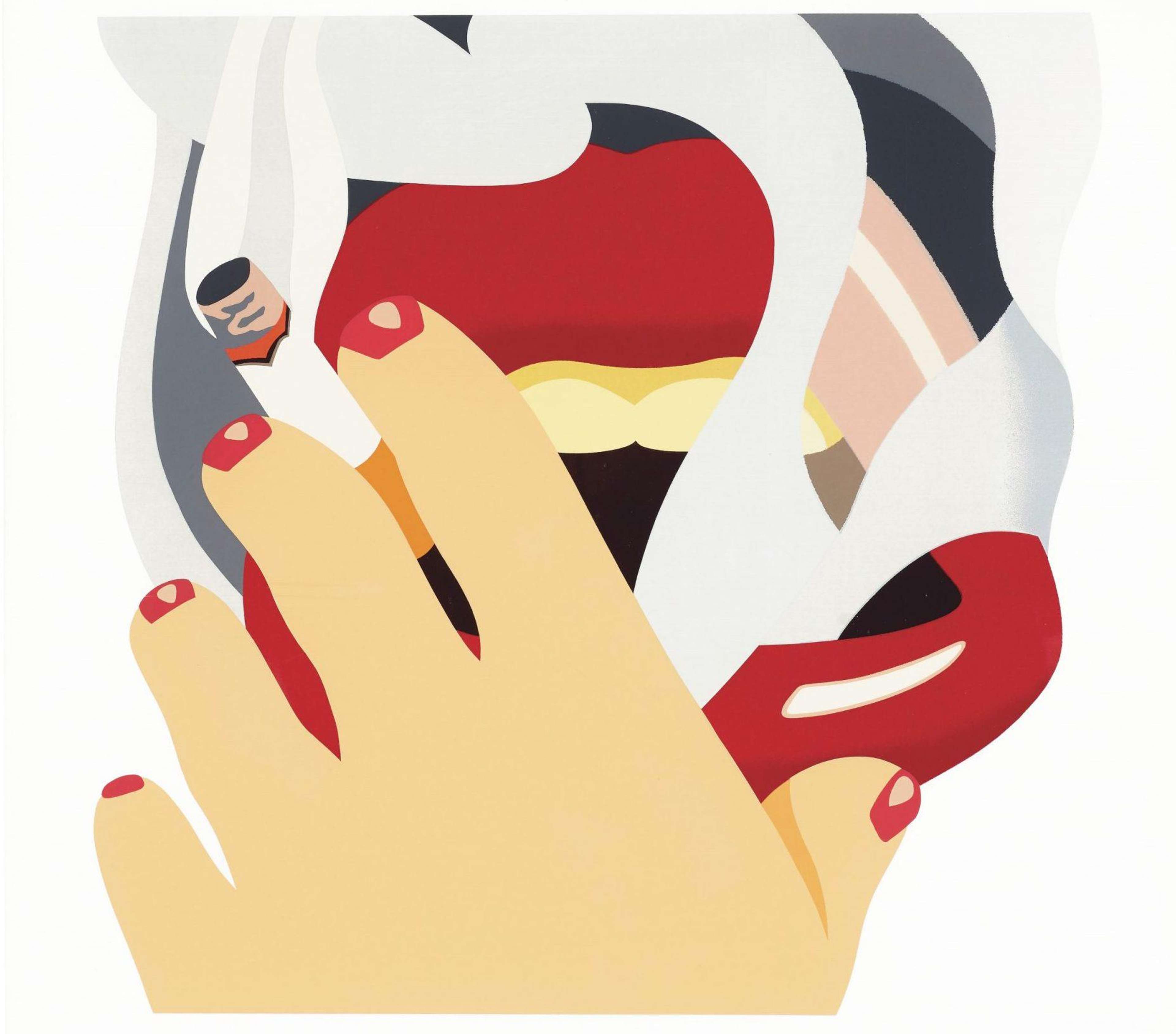 Une œuvre de style bande dessinée représentant un gros plan sur des lèvres rouges tenant une cigarette entre elles. La bouche exhale une fumée qui dessine des volutes encerclant et enveloppant les lèvres et la bouche.
