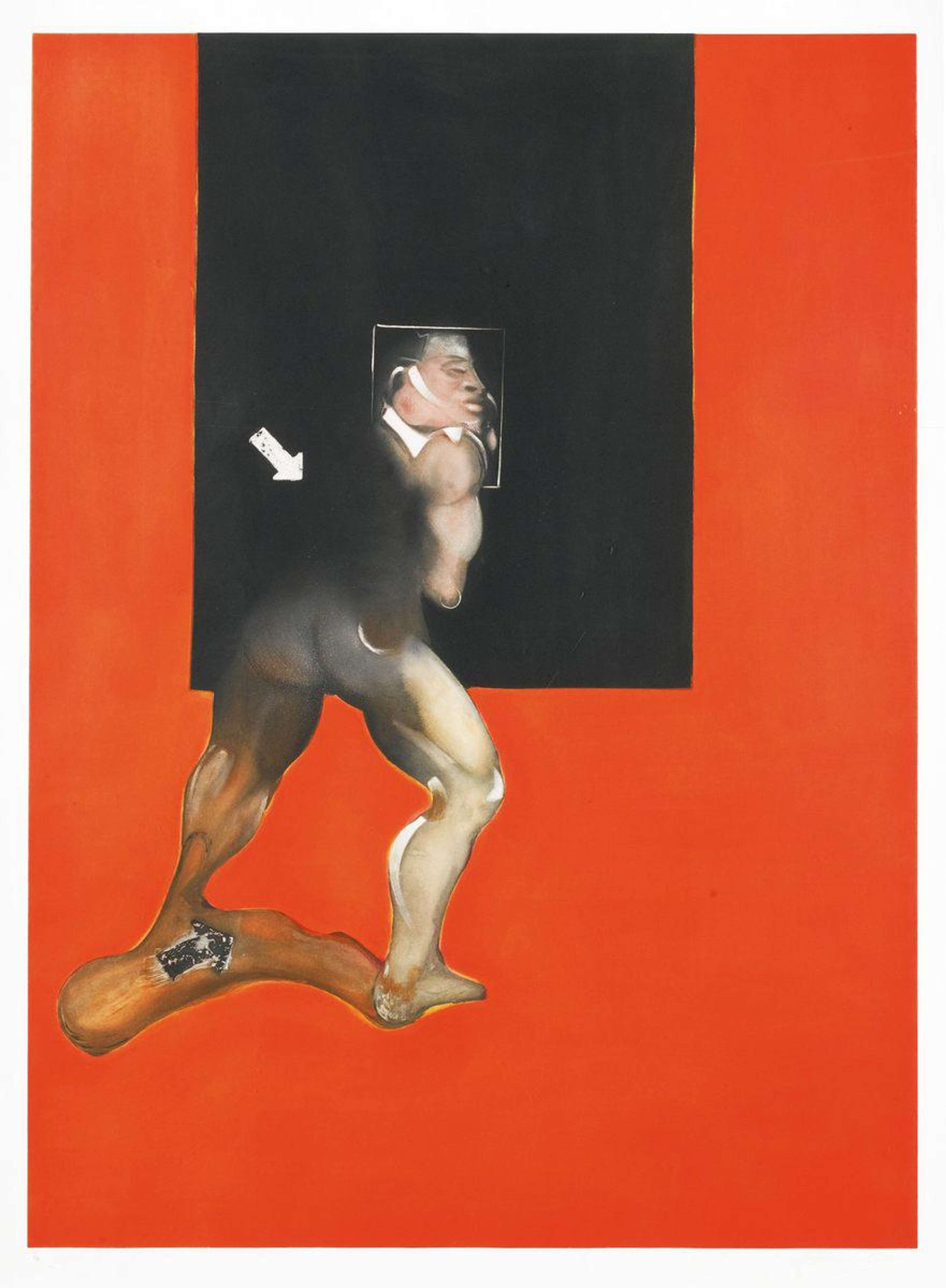 Distorted human figure standing in front of a dark oblong shape