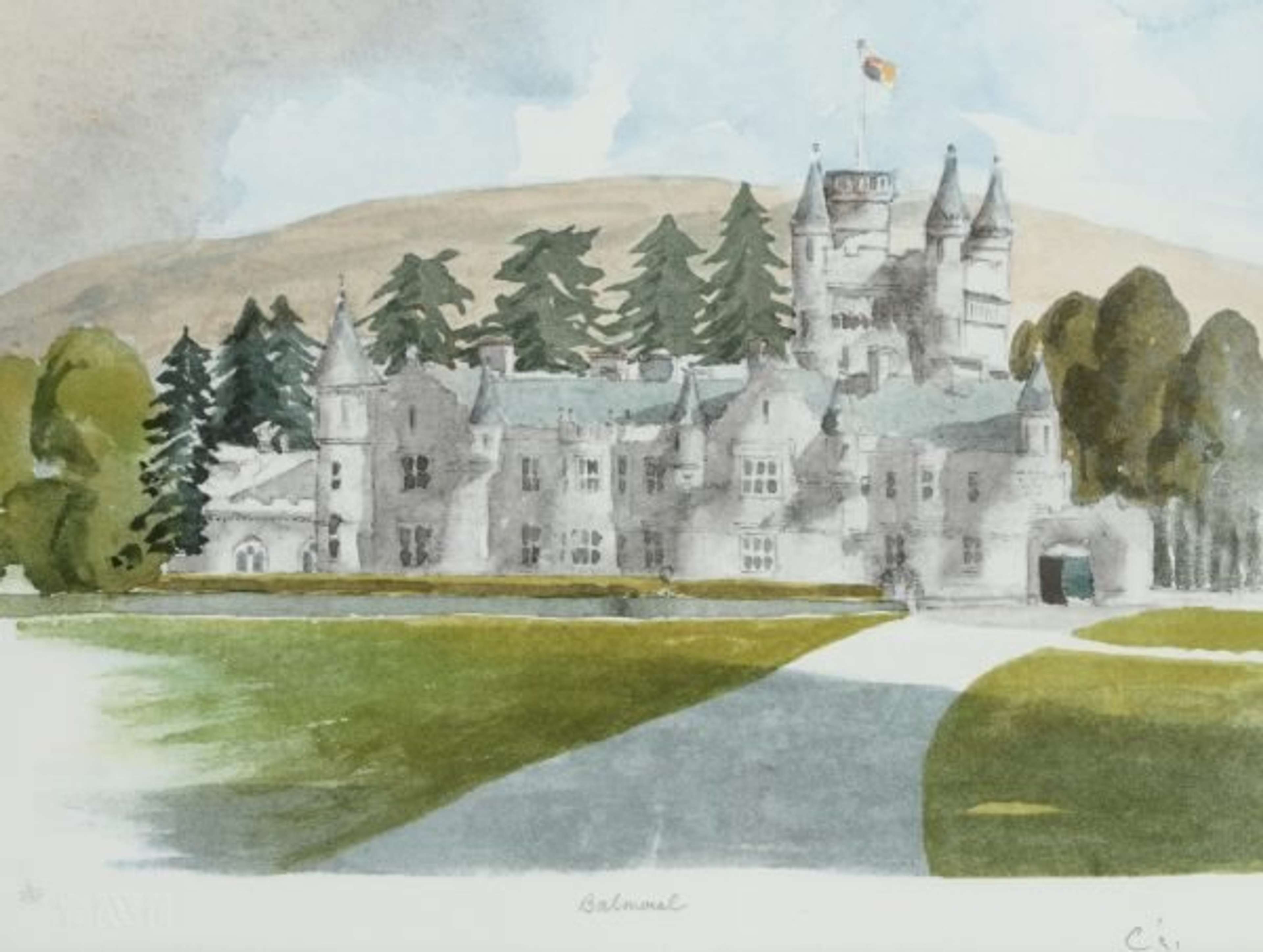 Une image d'une aquarelle de The King, réalisée lorsqu'il était Prince de Galles. Elle représente le château de Balmoral en Écosse, avec des arbres à l'arrière-plan.