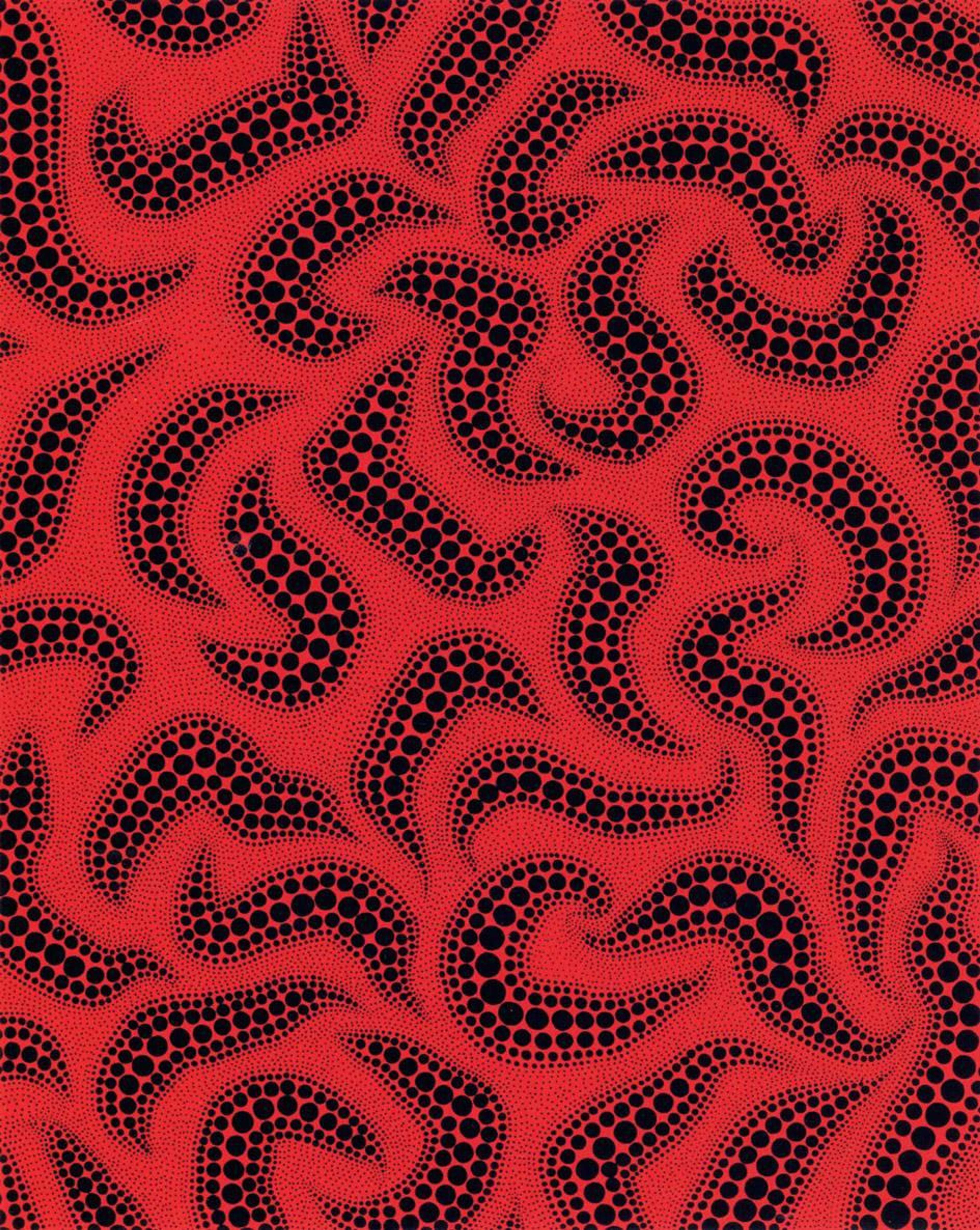 Des formes abstraites remplies de pois noirs sur fond rouge