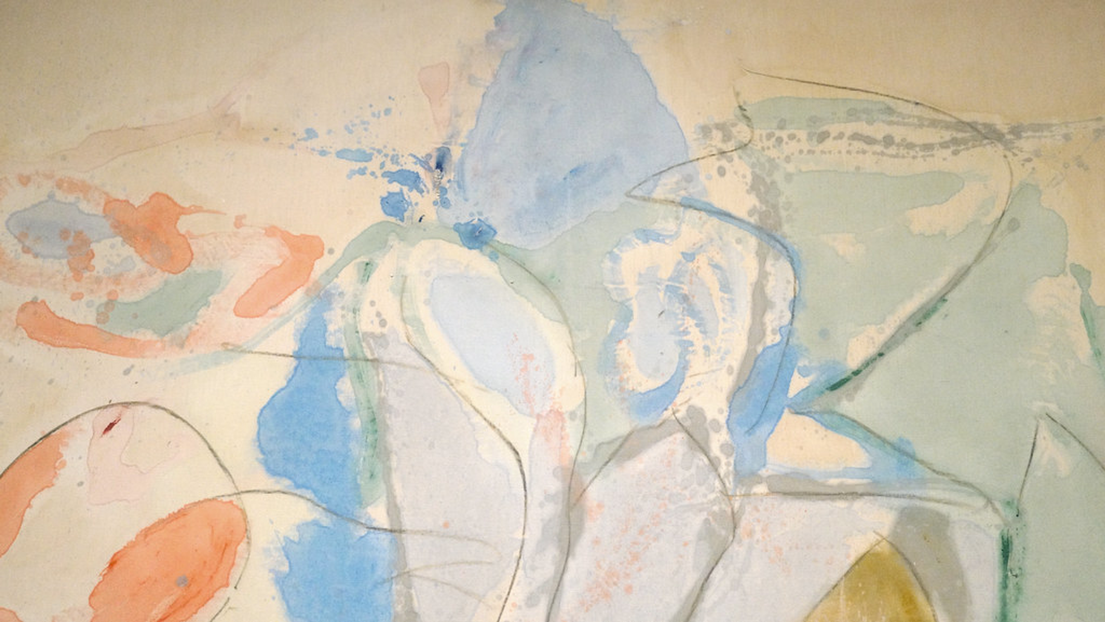 Un gros plan détaillé de « Mountains and Sea » de Helen Frankenthaler. Une peinture expressionniste abstraite comportant des teintes de bleu, d'orange, de rose et de jaune.
