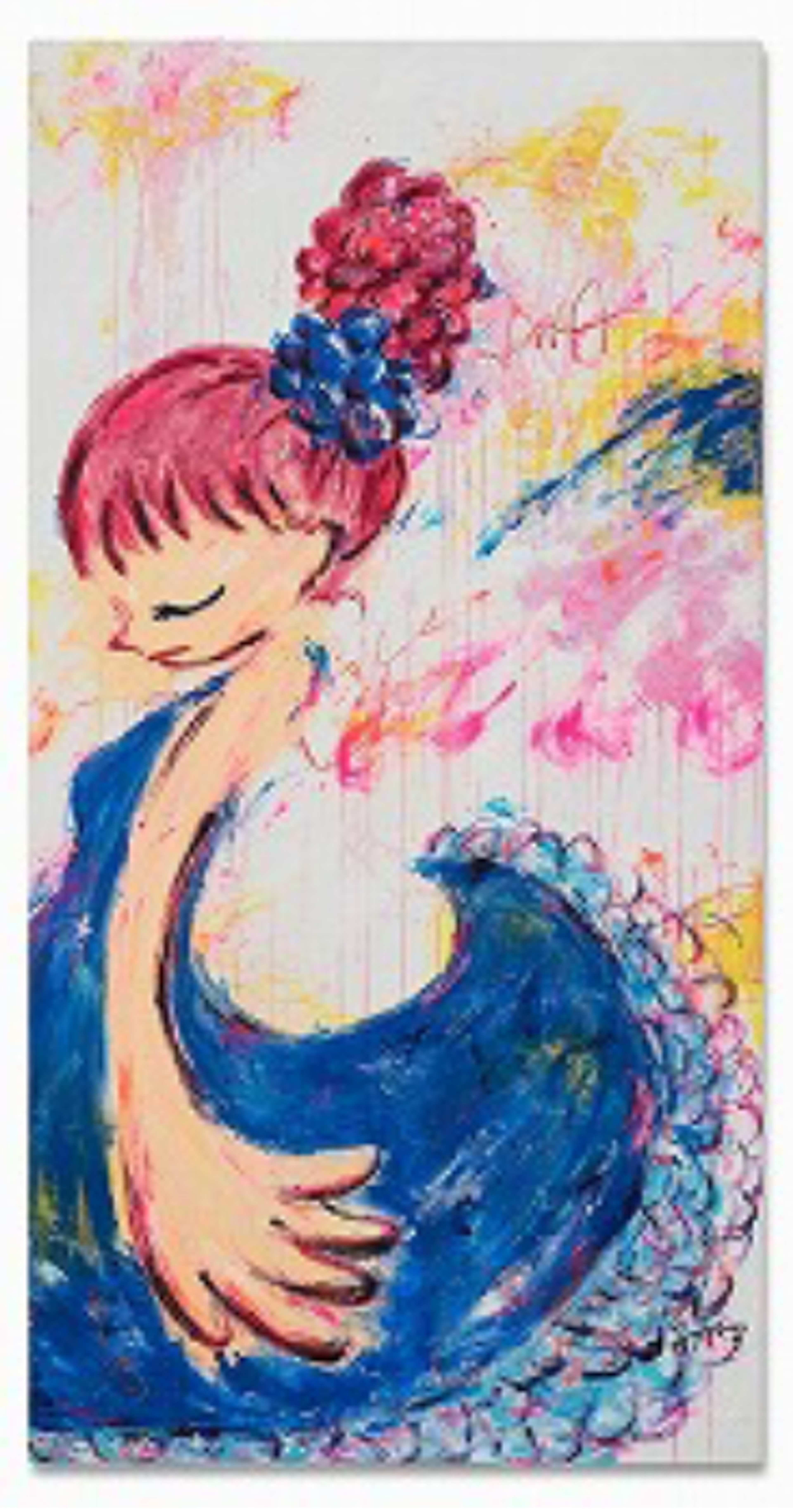 A figurative abstract painting depicting a child-like female figure, in profile, in an anime style. She has pink hair tied up in a bun and wears a blue dress that flicks up behind her. The background is light, with abstract pink and yellow forms. 
