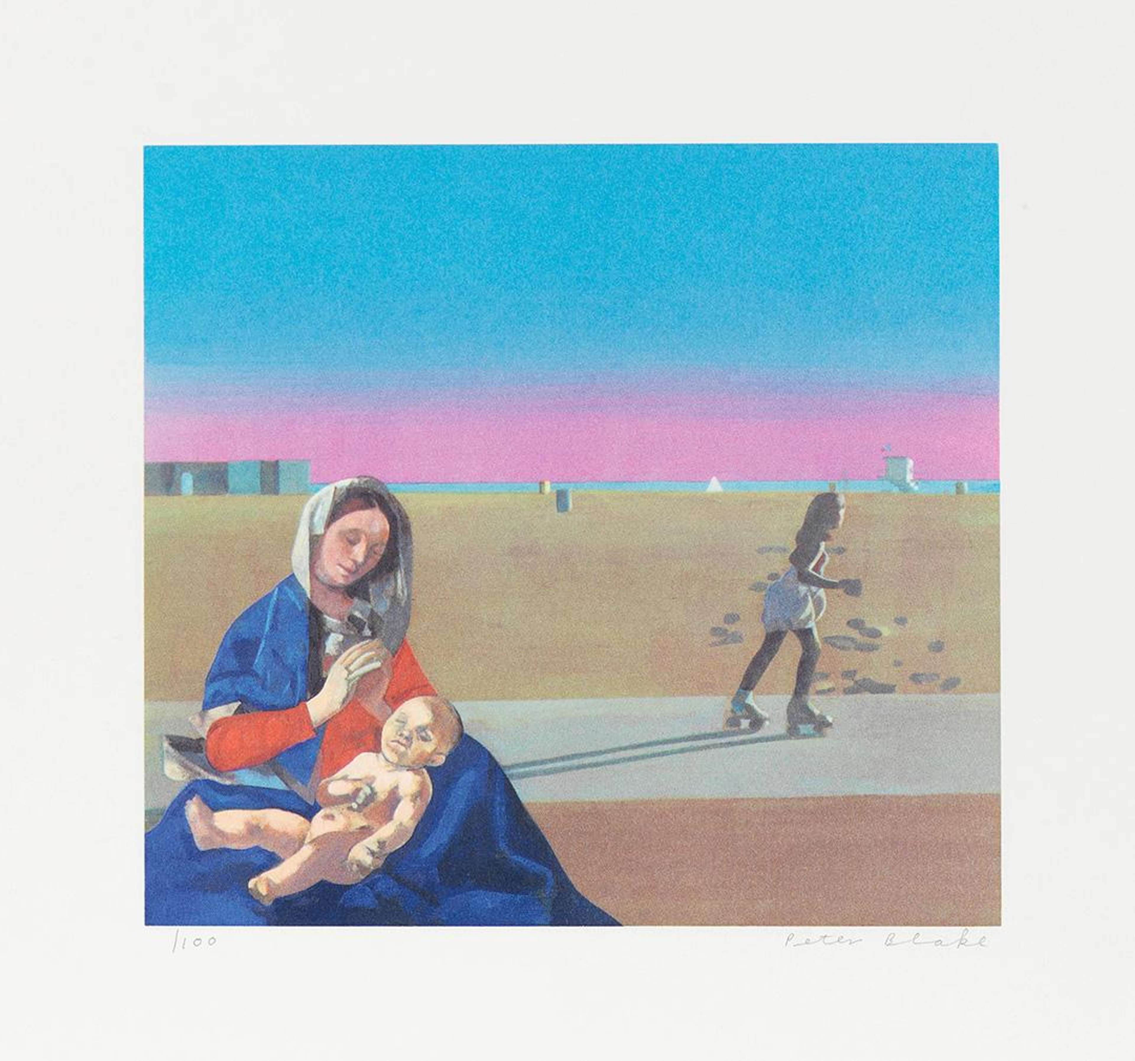 Représentation de la Vierge nourrissant un enfant, située dans le coin inférieur gauche. En arrière-plan, on voit une vaste plage de sable plate au coucher du soleil, avec la mer au loin. Une femme fait du patin à roulettes sur un chemin de plage derrière la Vierge. Le ciel commence par un rose éclatant là où il rencontre la mer et s'estompe en un bleu profond vers le haut.