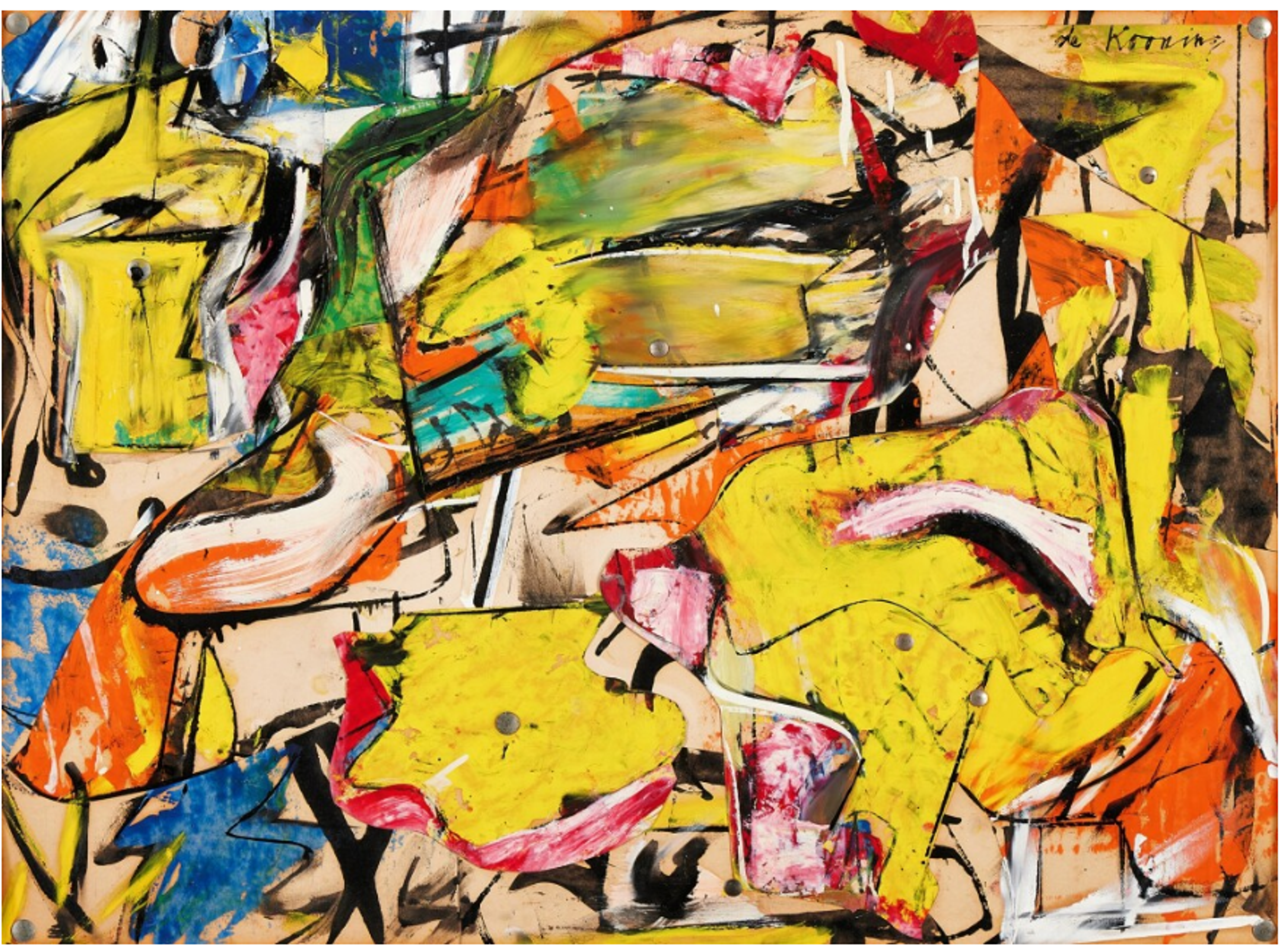A bright, energetic composition dominated by yellow with orange and pink forms separated by darker outlines. Overlapping colours and shapes create a dynamic pattern that seems to move across the canvas. 