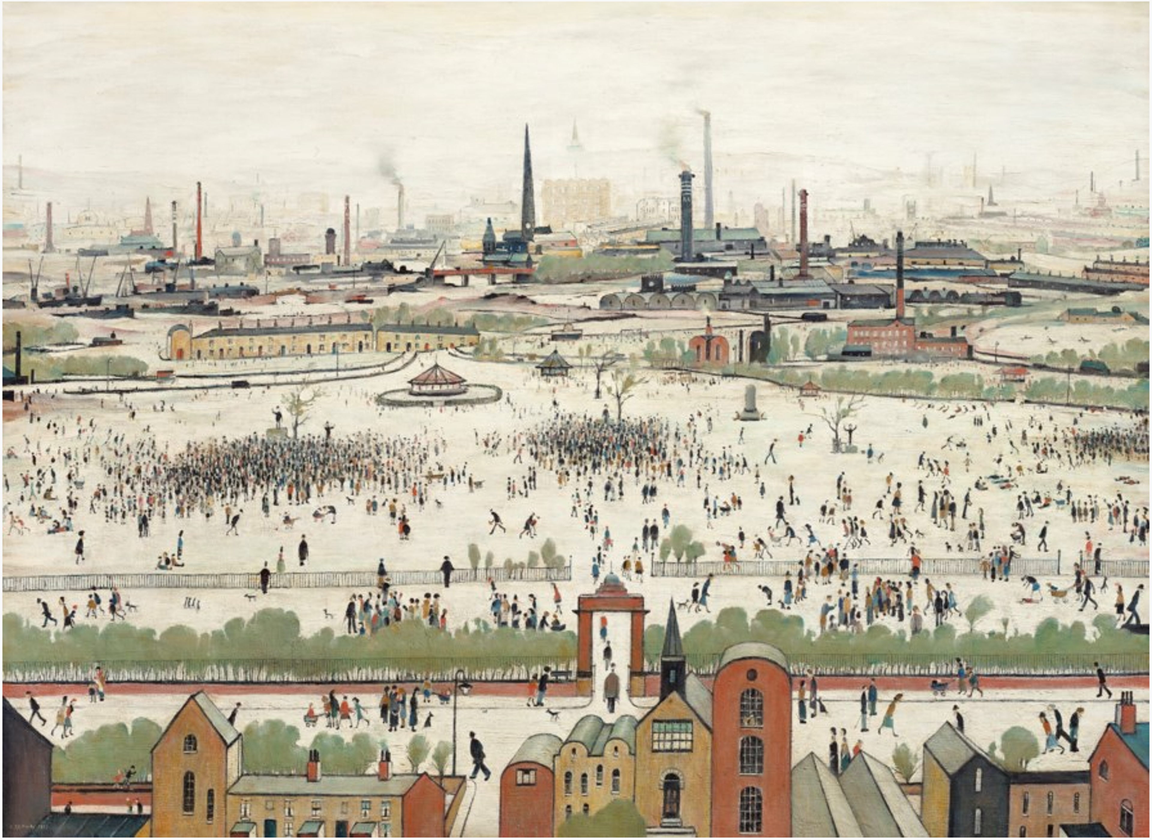 Une vue panoramique d'une ville industrielle du Nord de l'Angleterre où des centaines de personnages en allumettes se rassemblent sur la place de la ville, le tout peint dans une palette de couleurs sourdes. L'œuvre s'intitule « An Industrial Town » et fait partie de la collection « By The Town ».