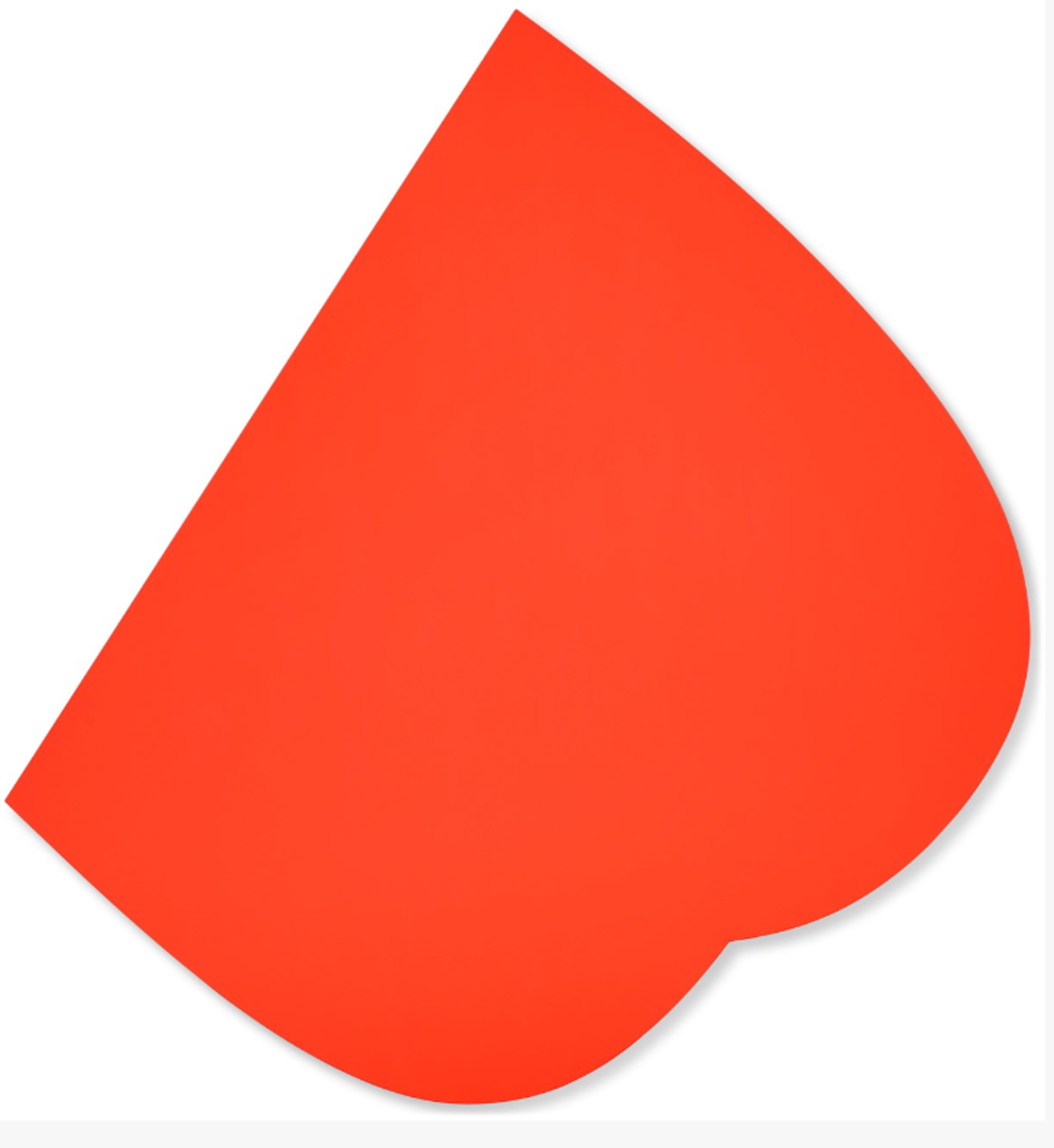 An unusually-shaped canvas, painted in a flat, bold red. The canvas has one long straight edge. The rest of its form is dictated by two irregular curves. The shape resembles a slightly tipped top-heavy letter “B.”