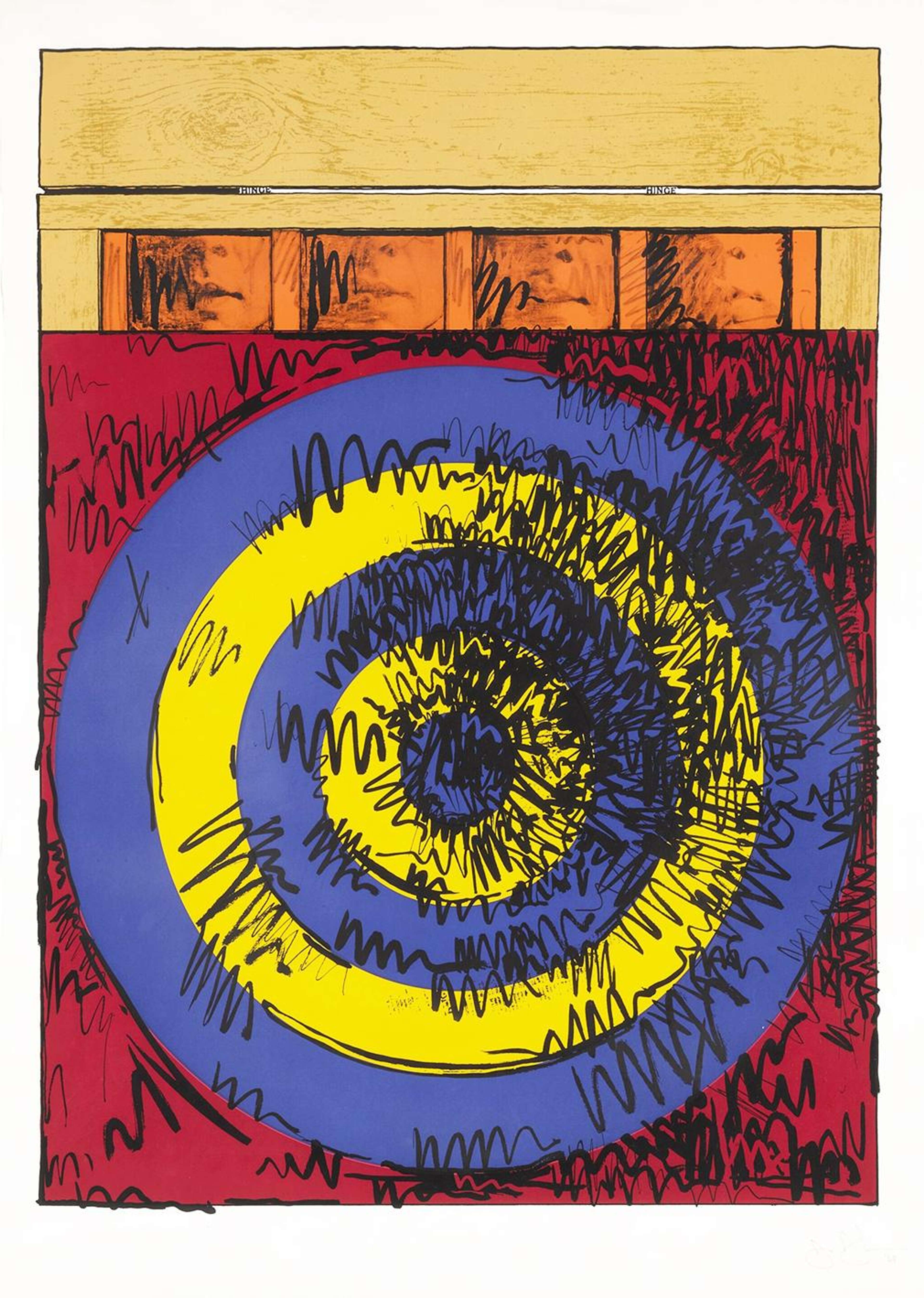 Bullseye target with four half faces posed above in a row 