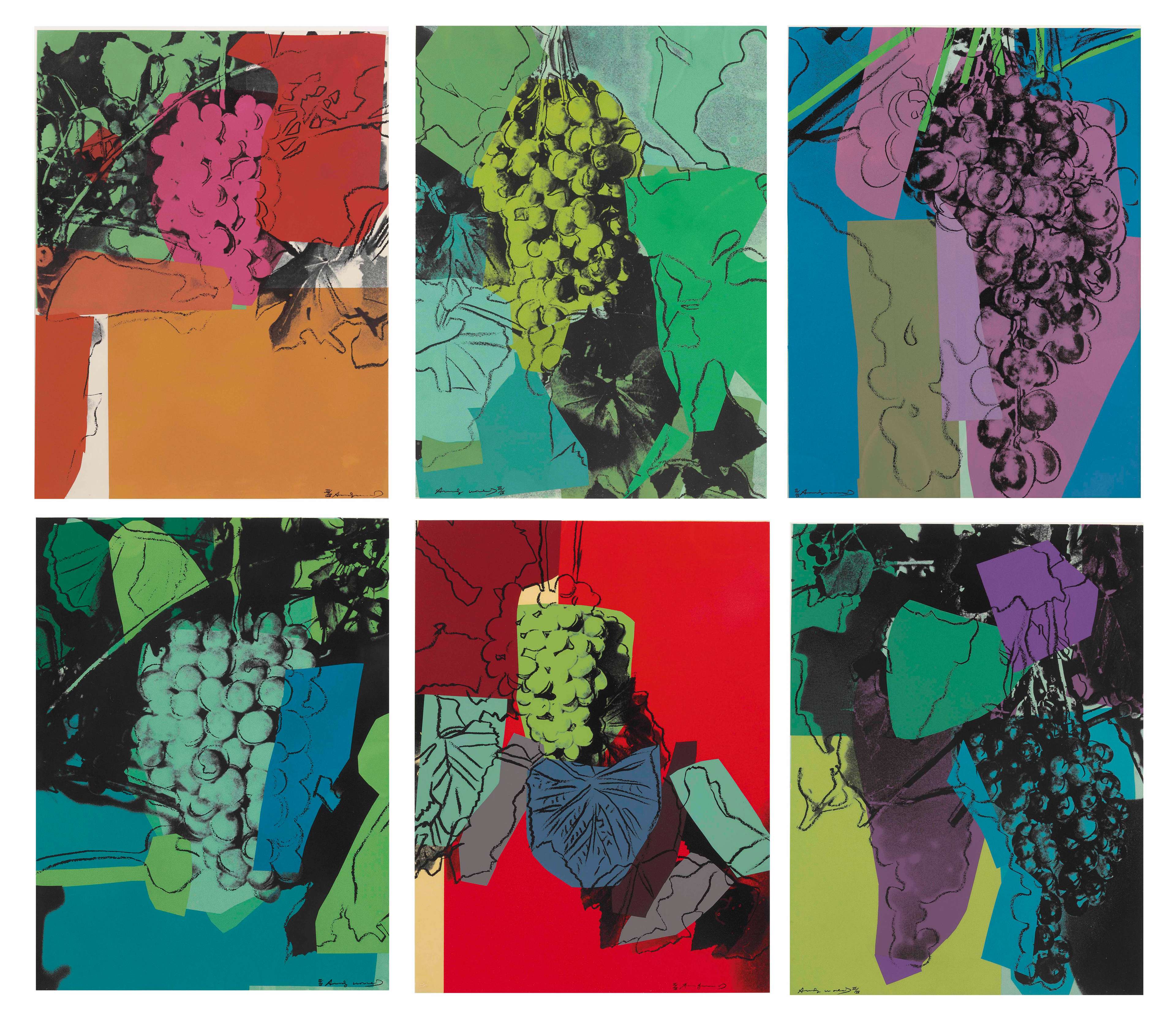 Un ensemble complet d'estampes « Grape » de Warhol, présentant une grappe de raisin dans différentes déclinaisons du Pop Art.