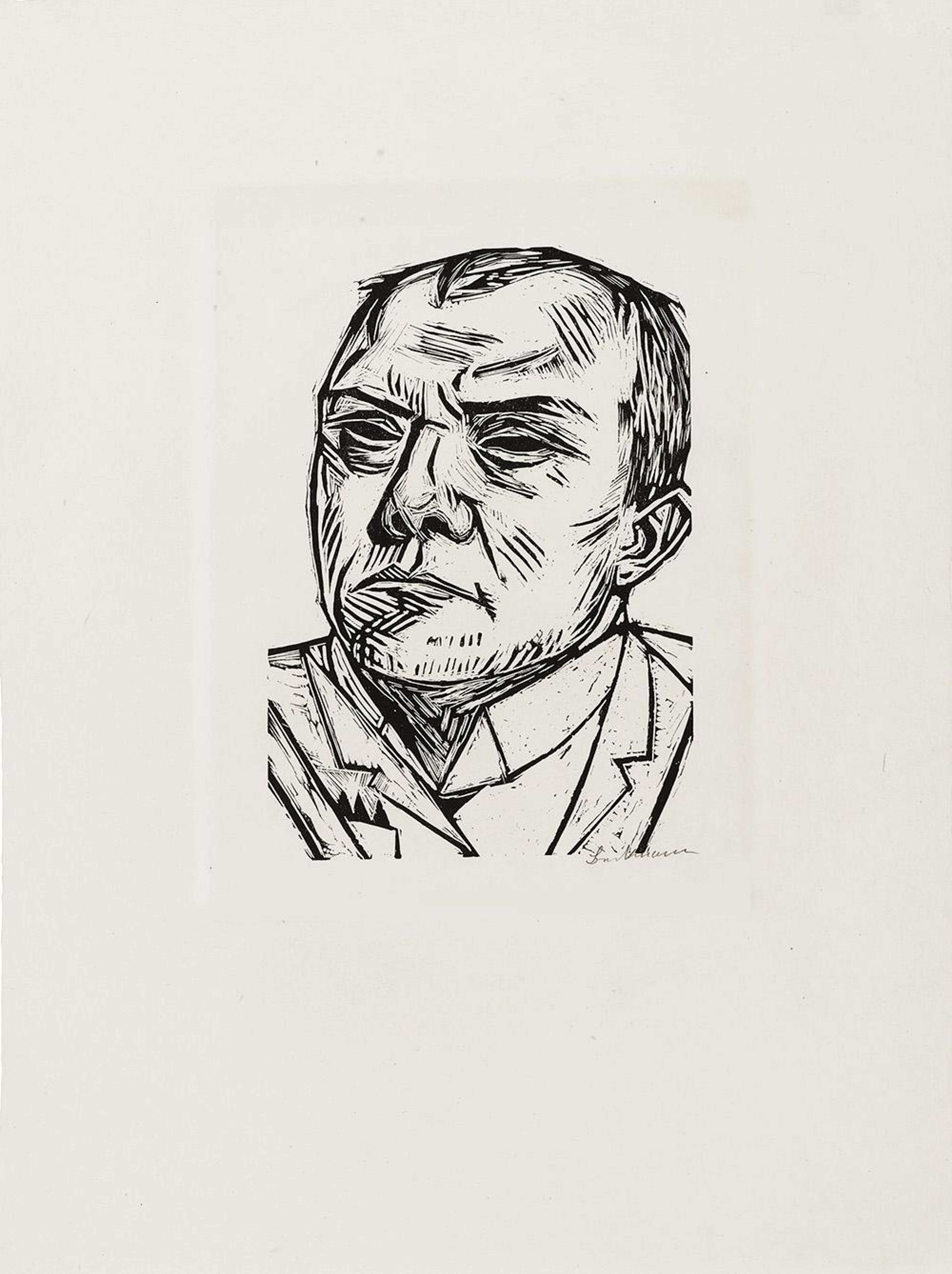 Une estampe en taille-douce, auto-portrait de l'artiste Max Beckmann. Il arbore une expression pensive, avec des yeux noirs (Dark Eyes) et des sourcils anguleux. Les lignes sur son visage sont profondes et exagérées. Des traits gravés et nets créent des ombres sombres.
