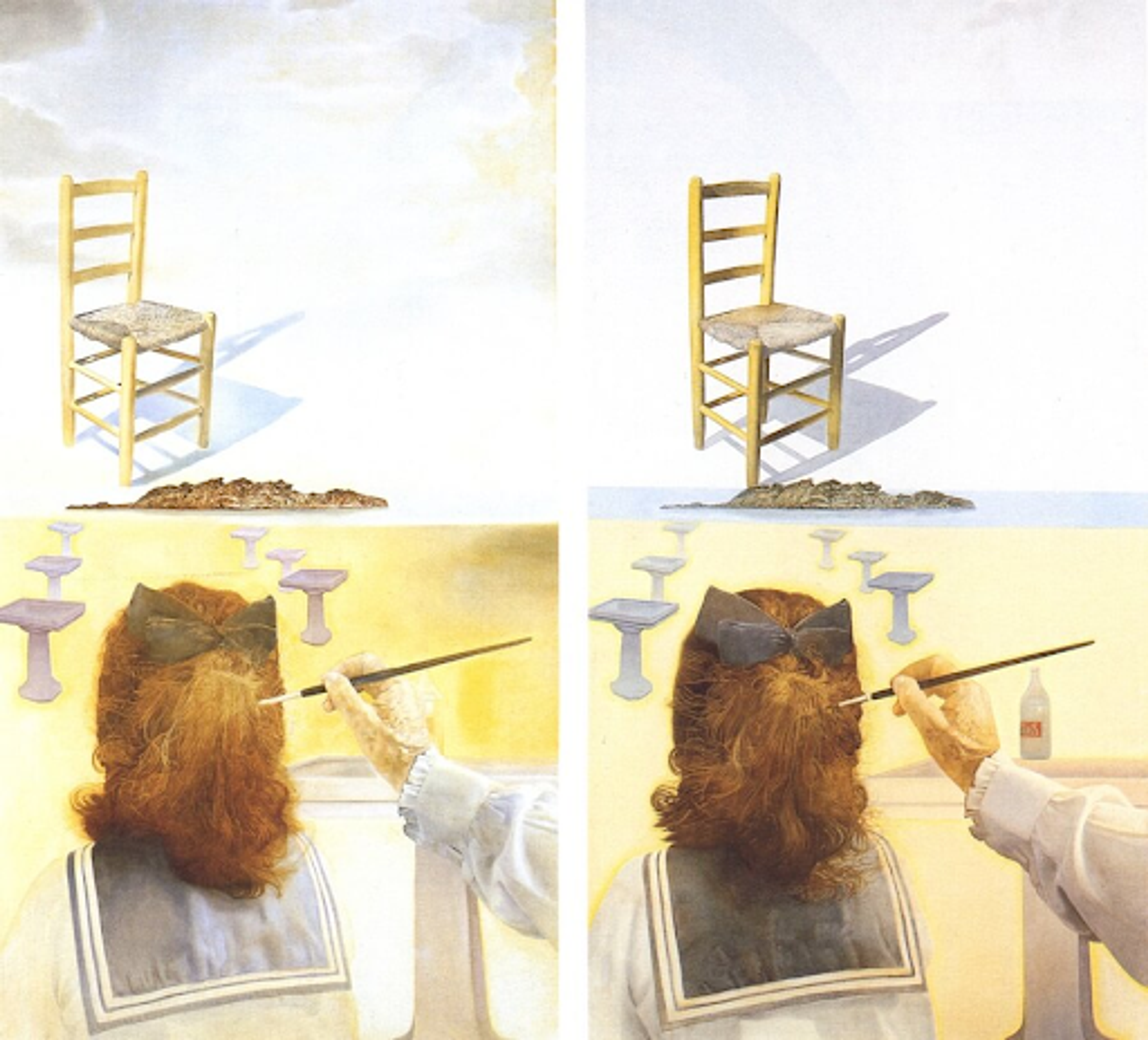 « The Chair » de Salvador Dalí. Deux peintures d'une chaise avec deux peintures de quelqu'un peignant l'arrière de la tête d'une fille en dessous d'elles.