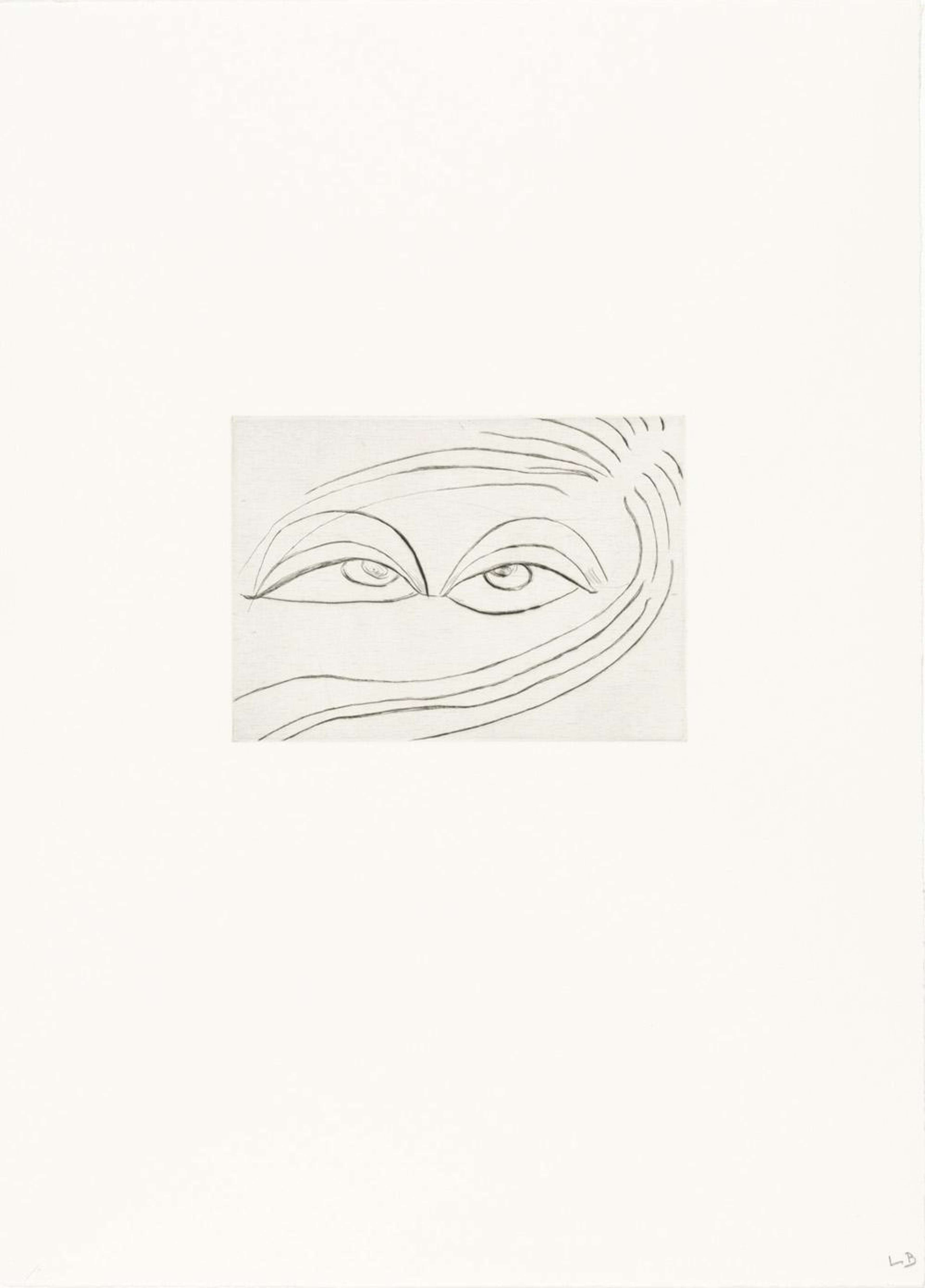 Louise Bourgeois, « Untitled No. 2 ». Une eau-forte monochrome représentant une évocation anatomique de deux yeux et des mèches de cheveux qui les recouvrent.