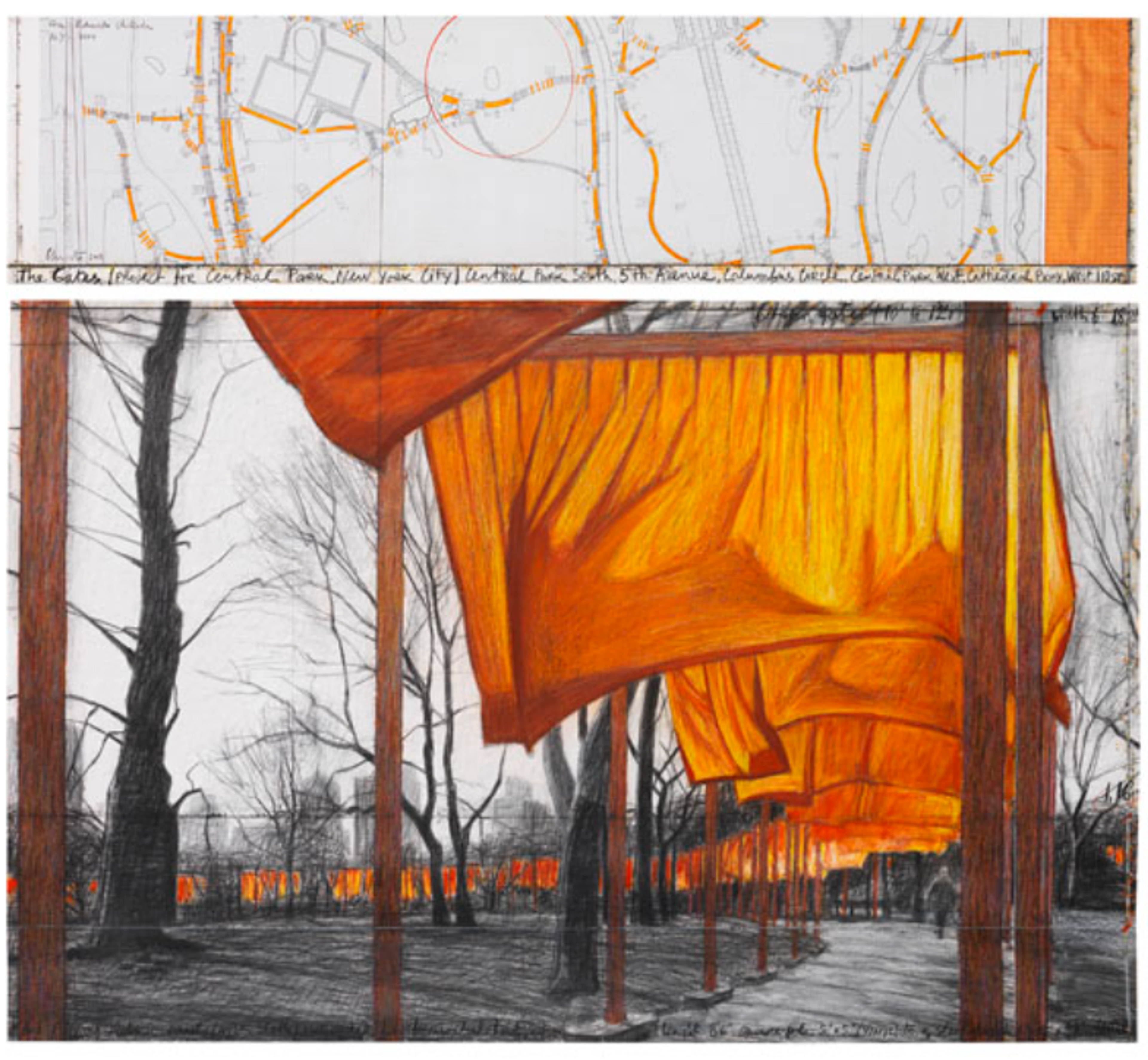 A two-panel artwork showing plans for an art installation in Central Park, New York. The top panel shows a map with orange highlighted pathways. The bottom panel is a mixed media rendering showing orange fabric gates lining a park path, with bare trees in black and white contrasting against the vibrant fabric panels.