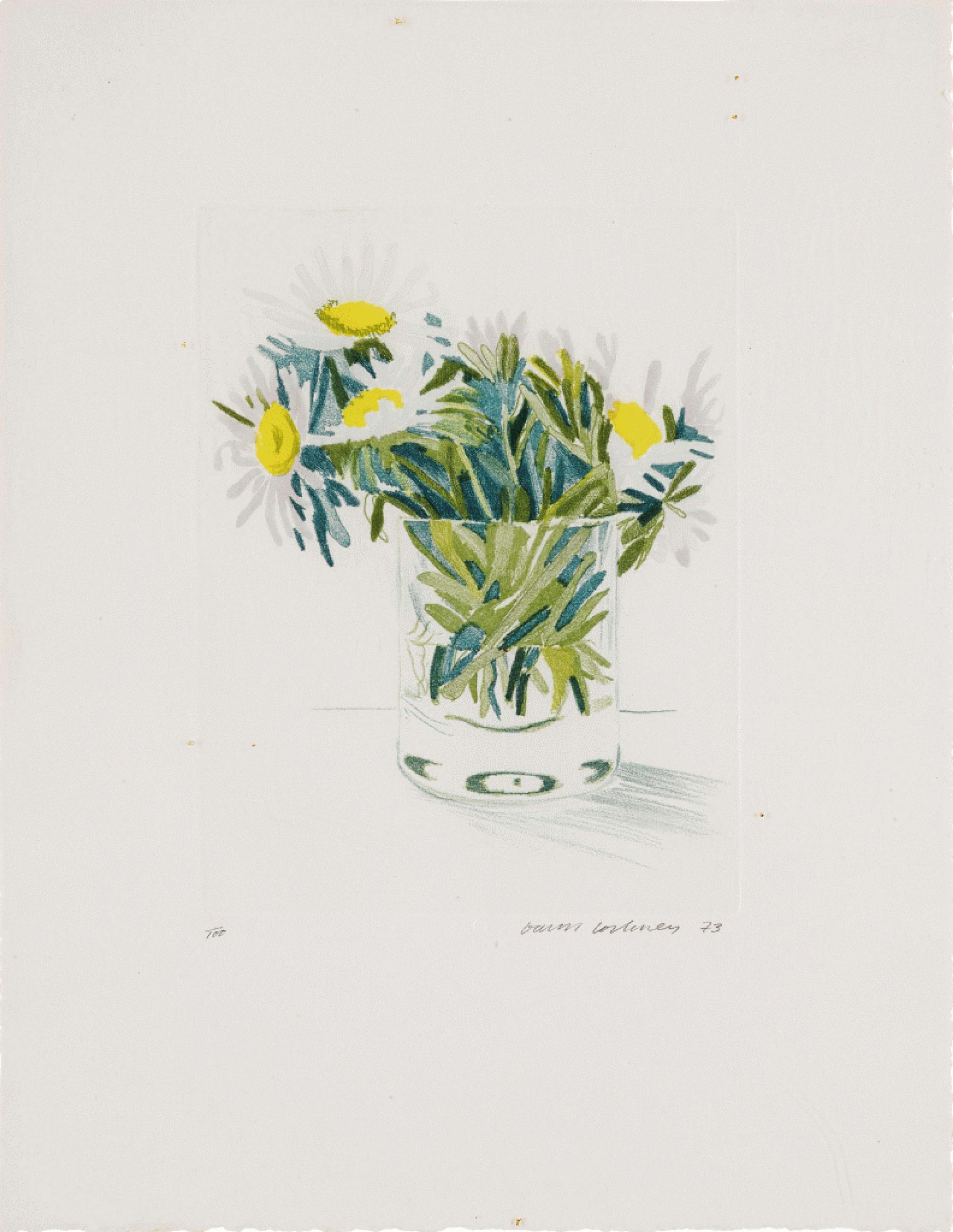 Une œuvre en eau-forte et aquatinte de David Hockney représentant un bouquet de fleurs blanches sur un fond uni.