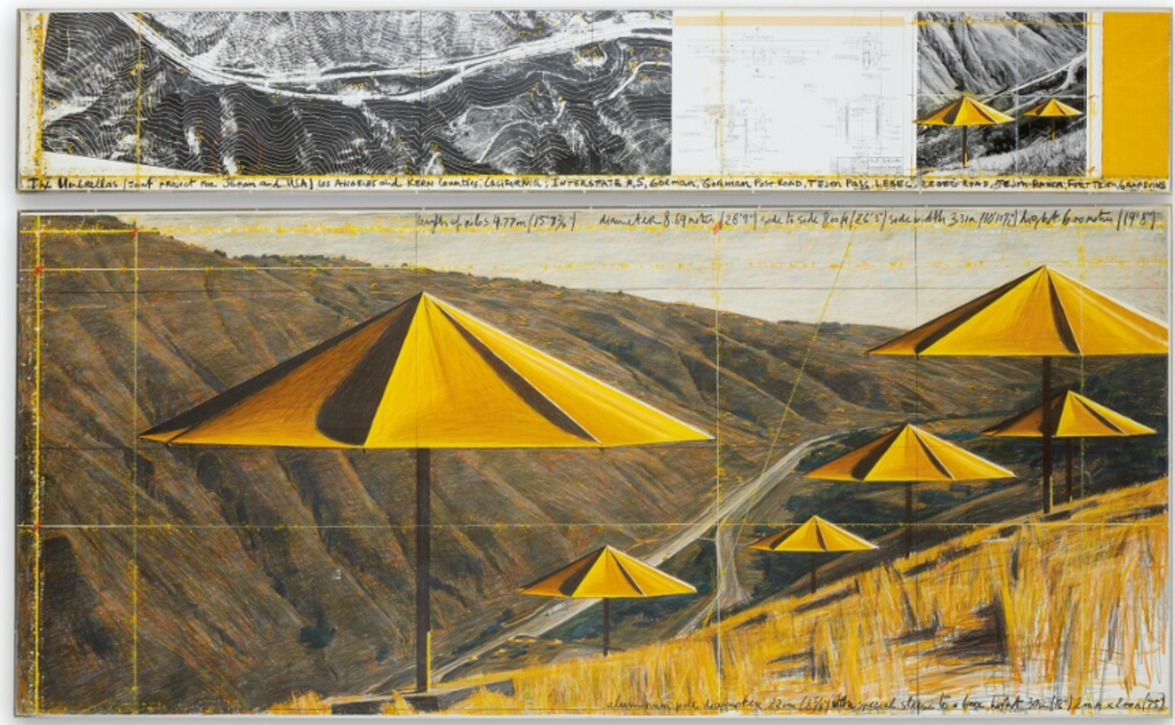 A two-panel artwork titled "The Umbrellas" showing plans for an environmental art installation. The top panel features a topographical map with contour lines, while the bottom panel shows an artistic rendering of large yellow umbrellas installed along a hillside. Handwritten notes and measurements appear along the edges.