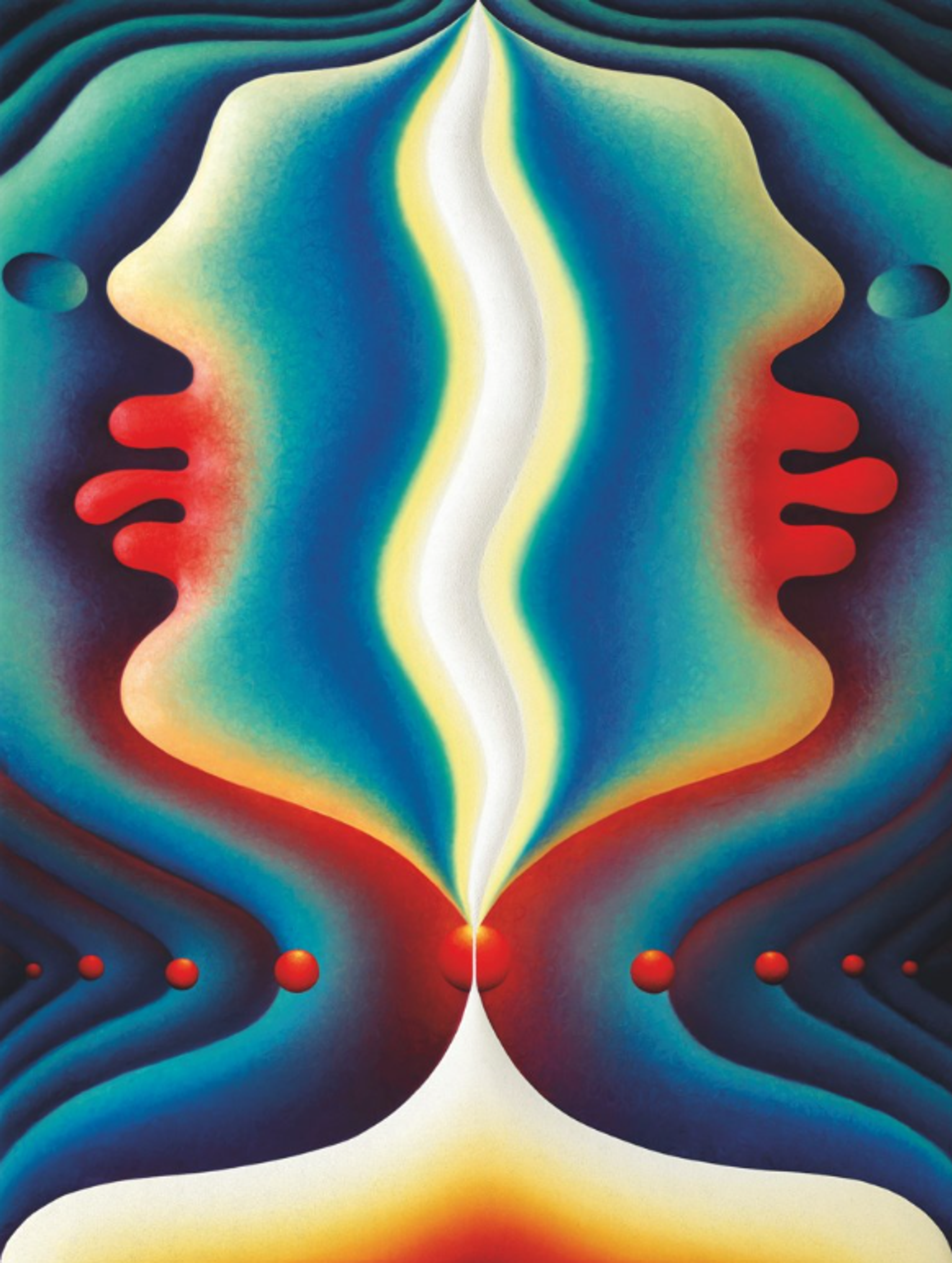 A largely blue abstract composition built around a central, vertical, wavy white shape. Red, finger-like shapes and blue layers extend out of this central focus, with red circles moving horizontally across the lower half.