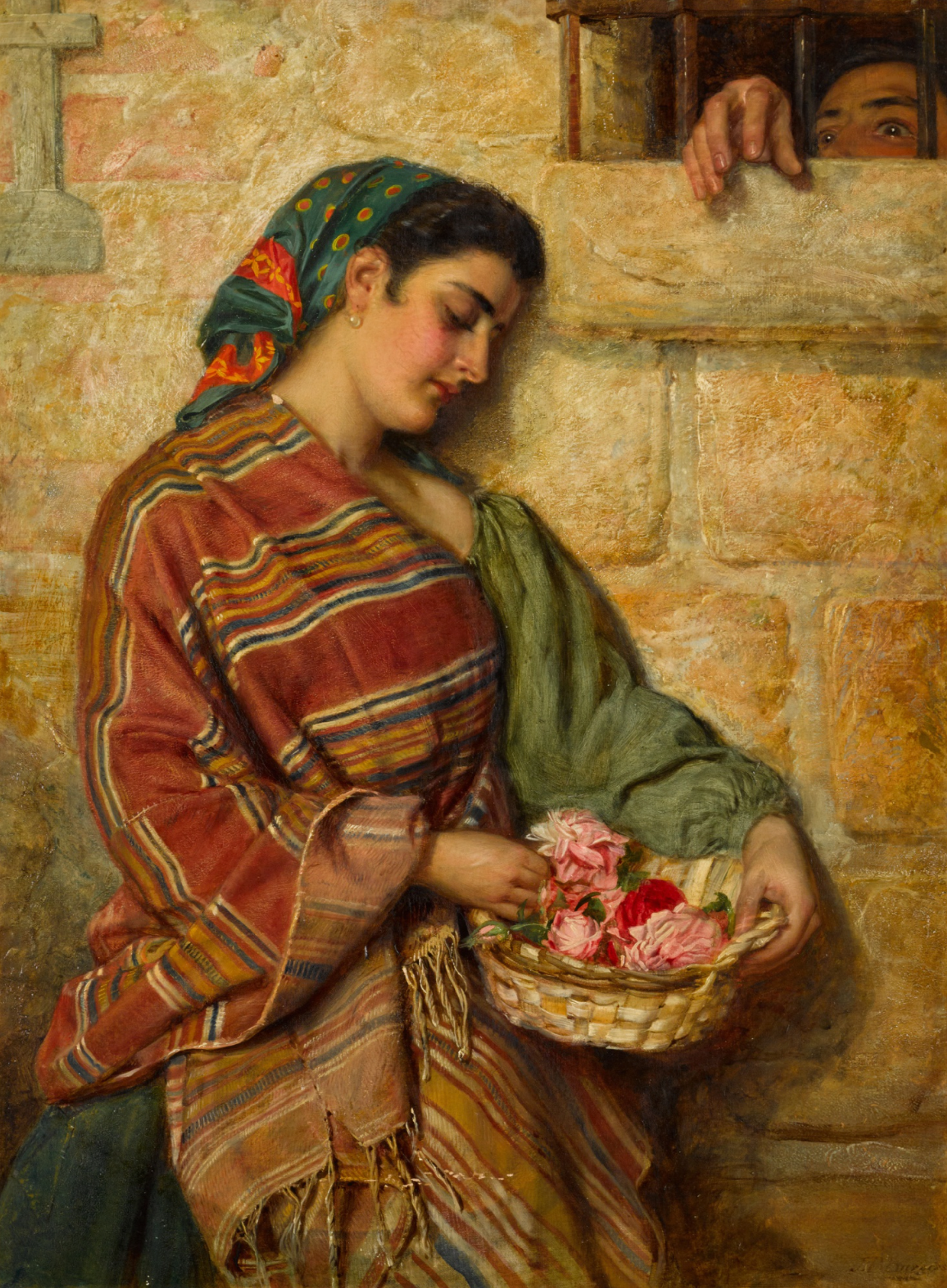 Une image du tableau « The Offering » de John Bagnold Burgess. Elle montre une femme portant un panier de fleurs, sur le point d'en offrir une à un prisonnier qui apparaît dans le coin supérieur droit.