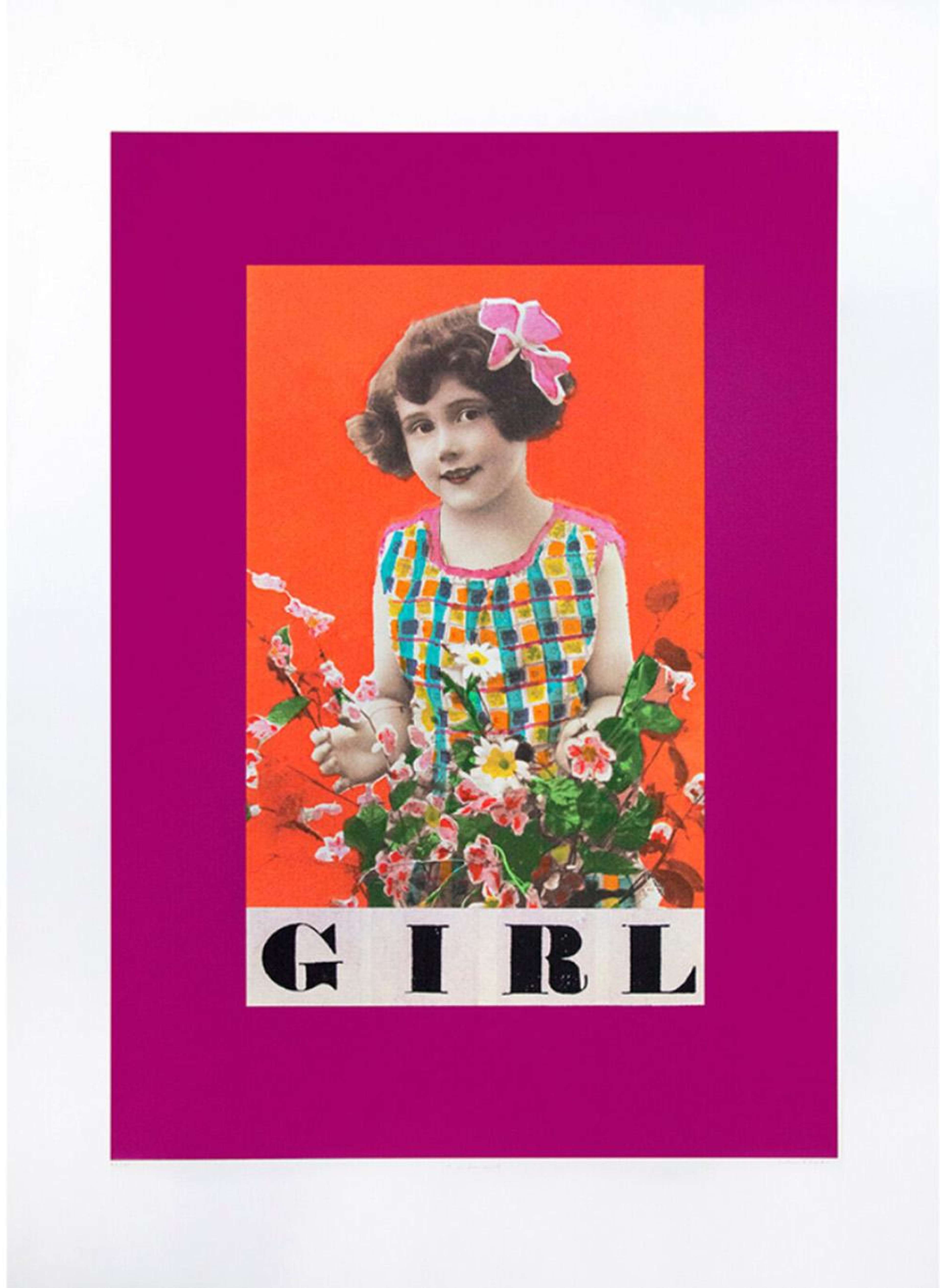 Un photomontage d'une jeune fille avec une fleur dans les cheveux. Elle vient de cueillir une autre fleur dans un bouquet devant elle. L'arrière-plan juste derrière elle est d'un rose-orangé uni. Sous son image figure le mot GIRL écrit en noir sur une bande blanche. L'ensemble de la composition est entouré d'un cadre plus épais de couleur rose foncé.