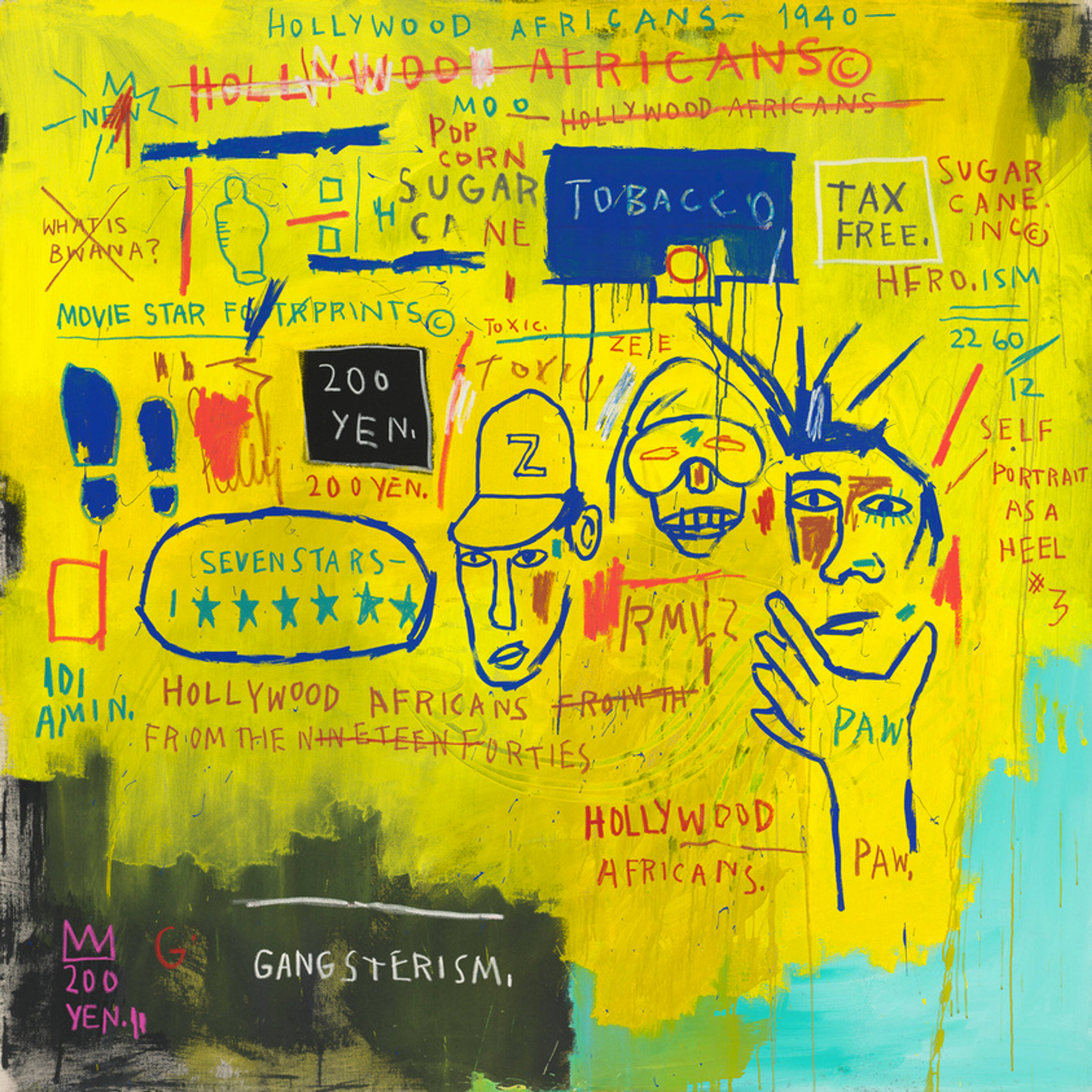 Cette œuvre jaune vif de Jean-Michel Basquiat présente trois personnages, entourés par les mots déconnectés qui sont sa signature.